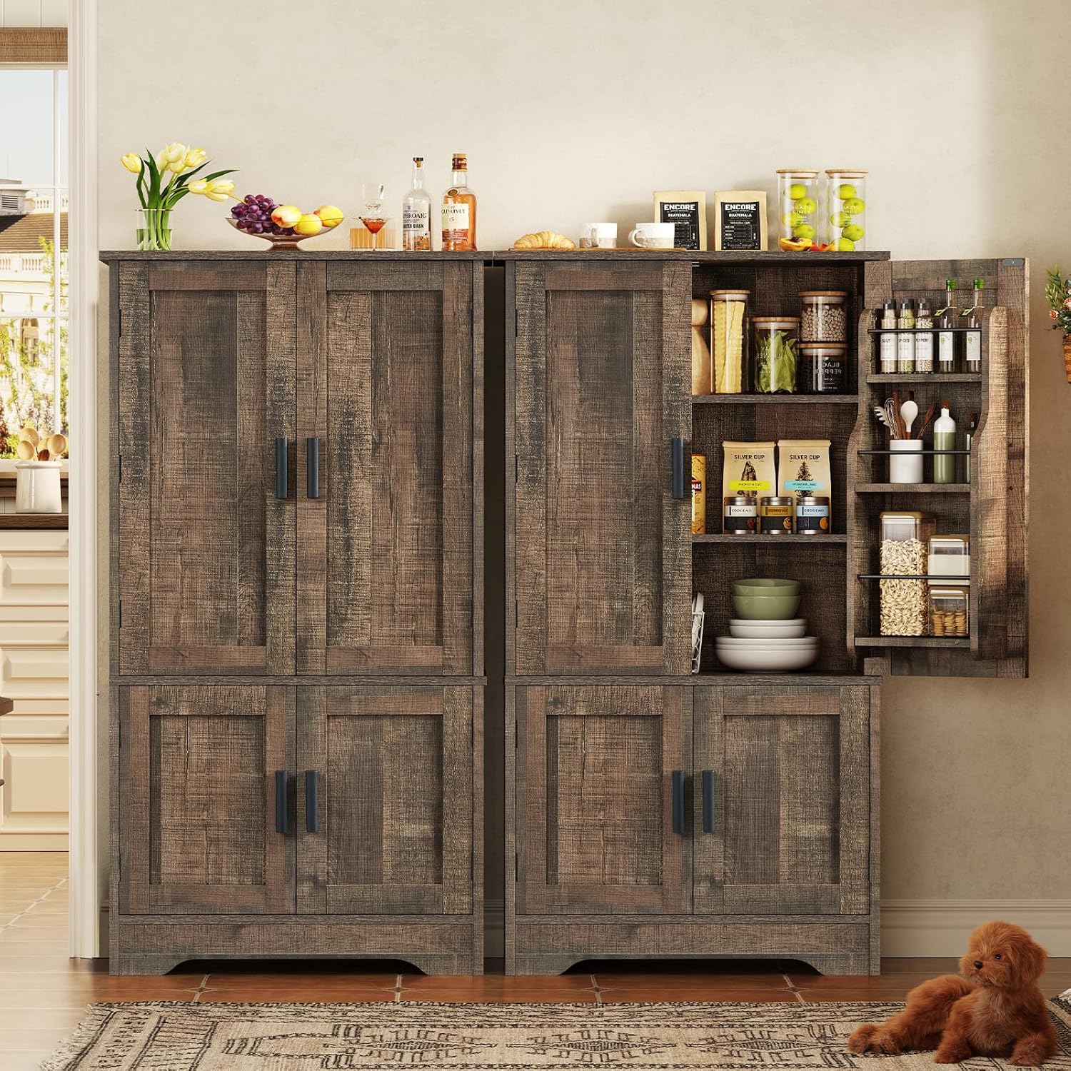 TEENFON Storage Cabinet with 4 Doors, 43.3 H Farmhouse Kitchen Cabinet with 6 Door Shelves, Kitchen Storage Cabinets with Adjustable Shelves, for Living Room, Antique Oak