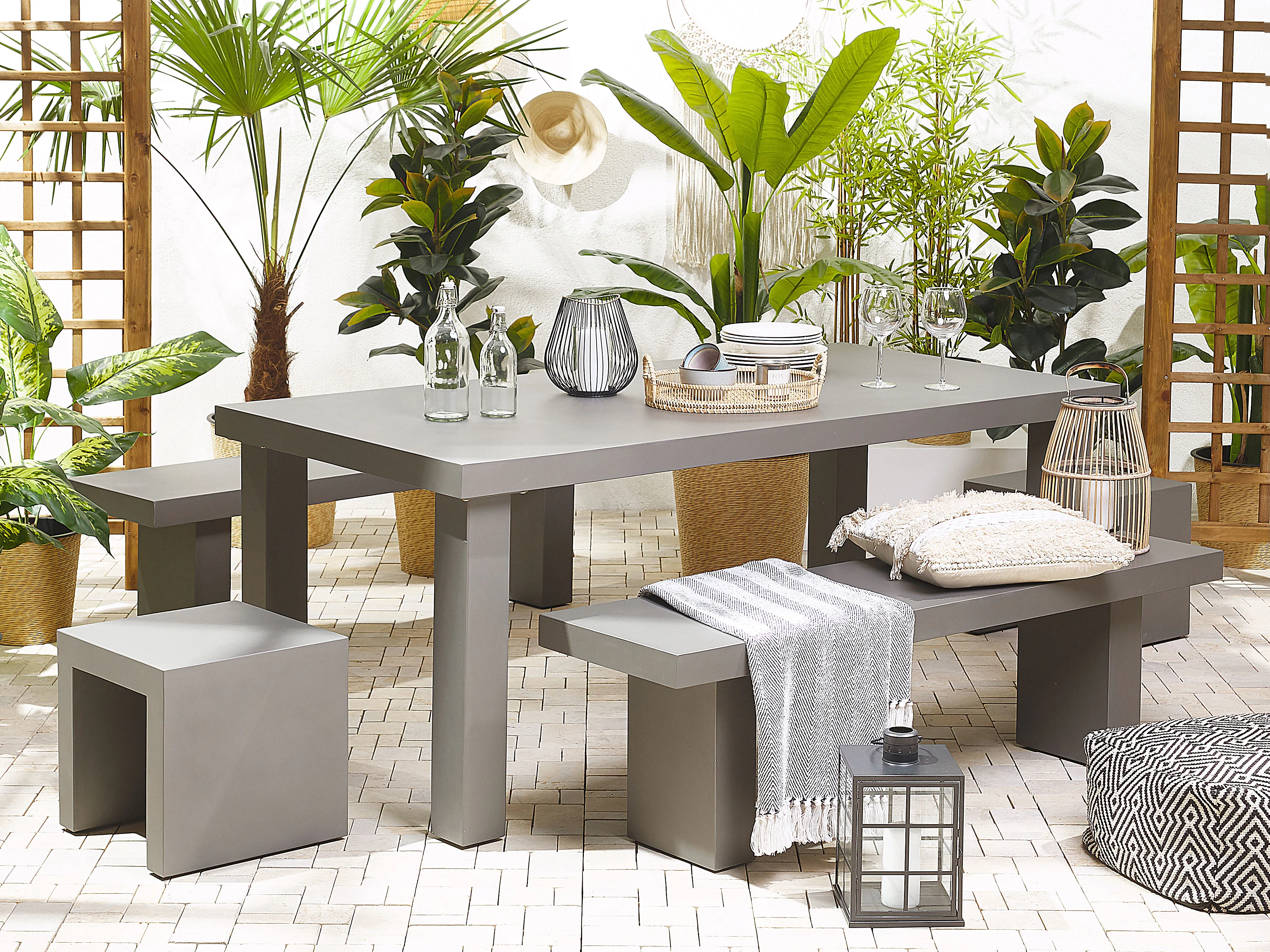 Garden Dining Set with Benches and Stools 6 Seater TARANTO Concrete Grey