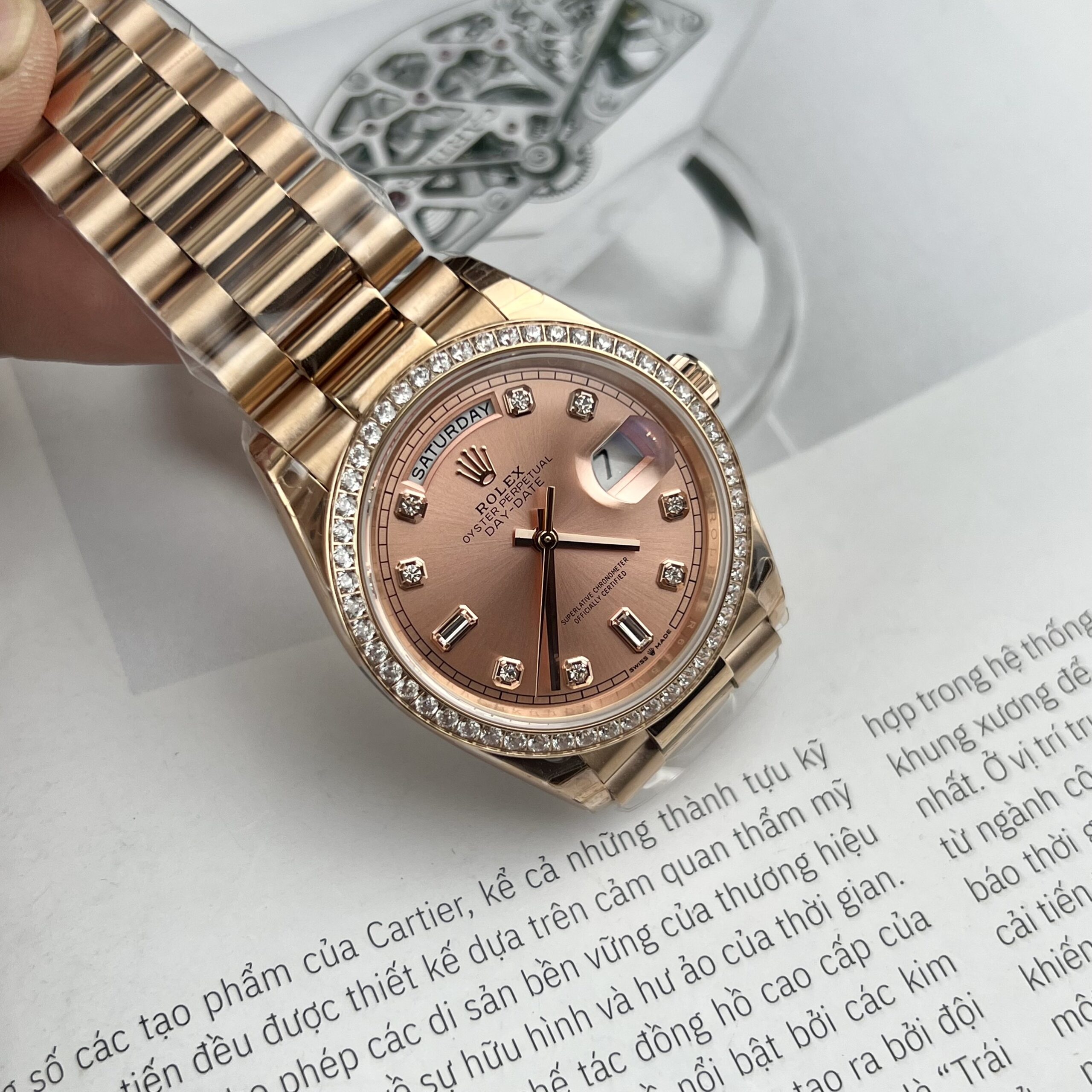 Rolex Day-Date RG Plated Pink Dial CZ Diamonds 36mm EWF Replica