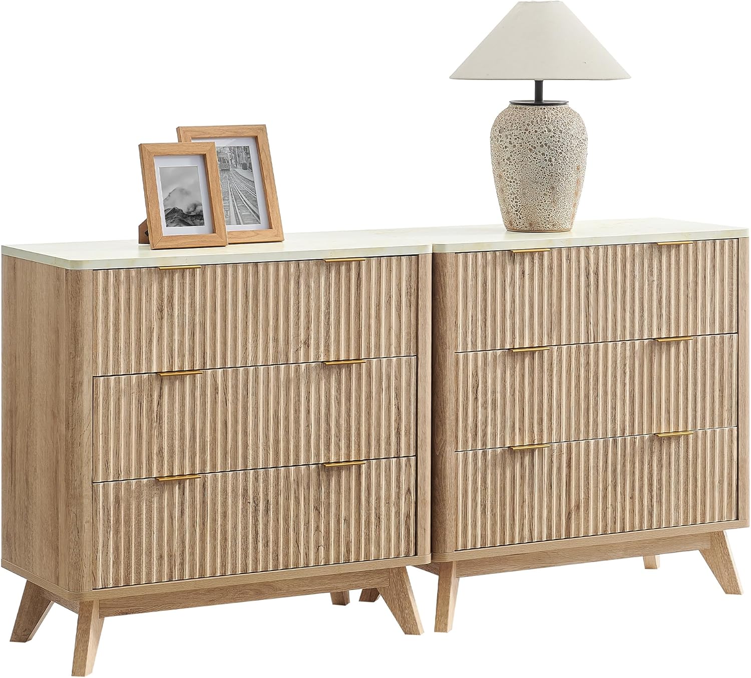 T4TREAM Set of 2 Fluted 3 Drawer Dresser, 32 Tall Modern Chest of Drawers with Faux Marble Top, Curved Profile Design, Wood Organizer for Bedroom, Living Room, Hallway, Entryway, Natural Oak