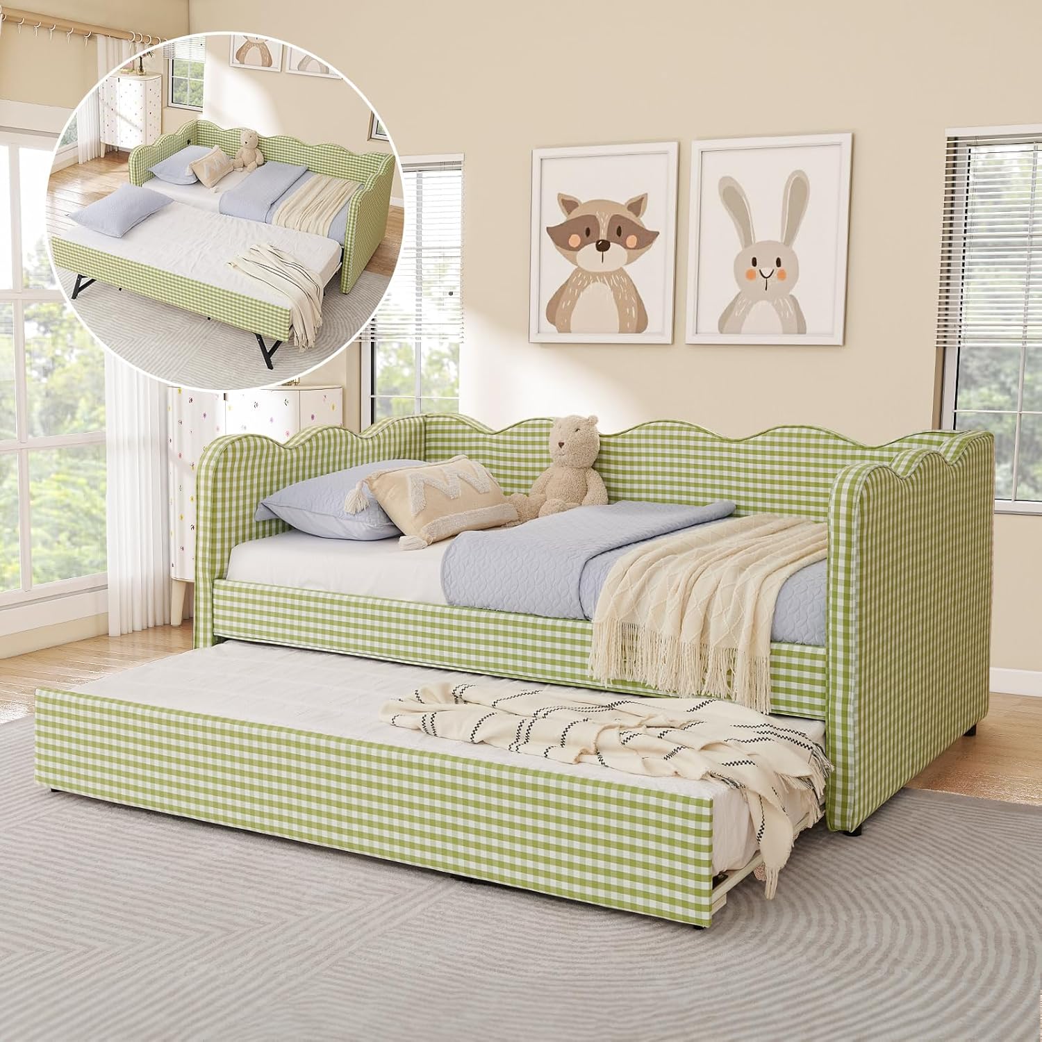 Twin Size Daybed with Pop Up Trundle, Linen Gingham Twin to King Daybed with USB Ports, Upholstered Day Bed Frame, Modern Sofa Bed for Living Room/Bedroom/Guest Room, No Box Spring Needed, Green