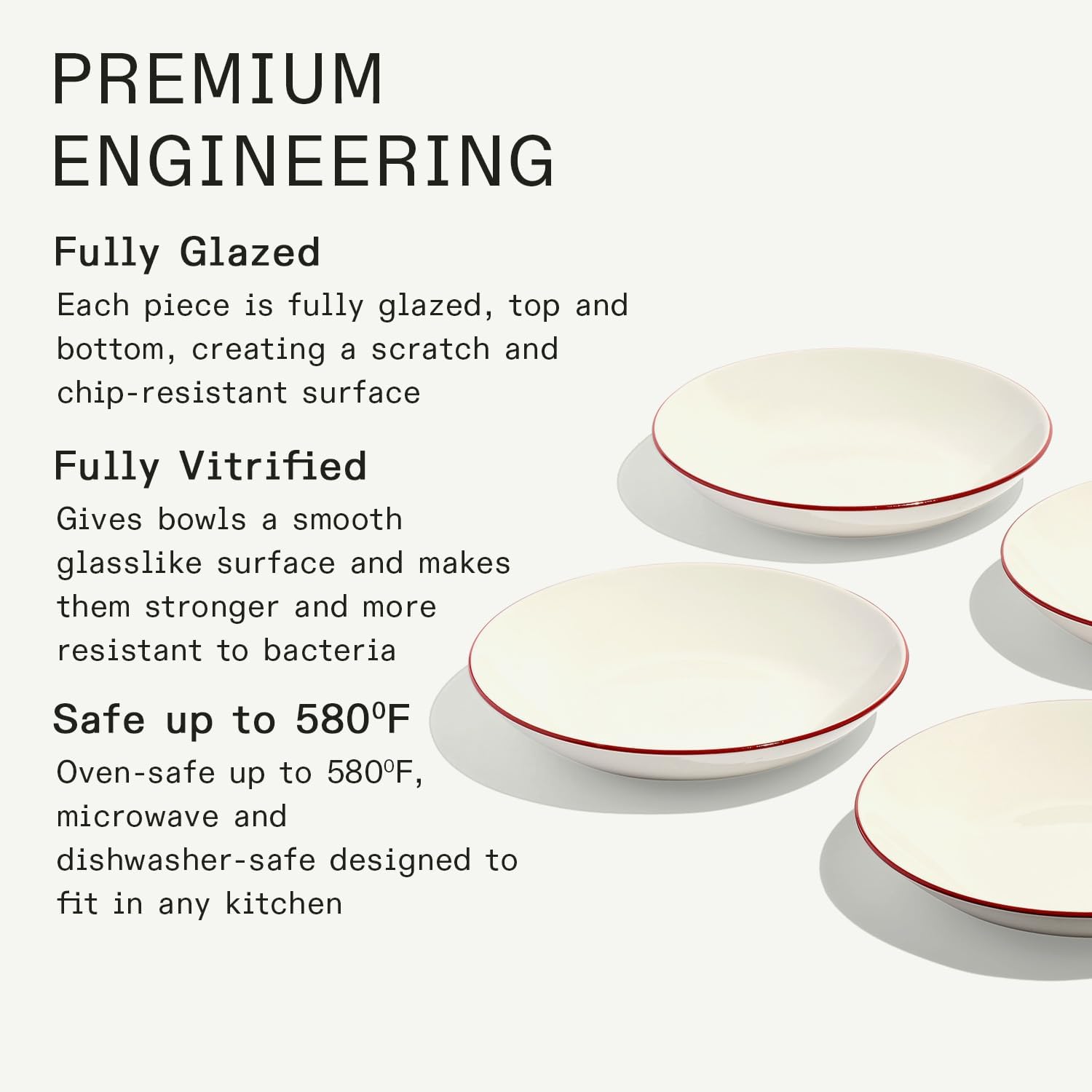 Made In Cookware - Set of 4 - Entrée Bowls - White With Red Rim - Porcelain - Crafted in England