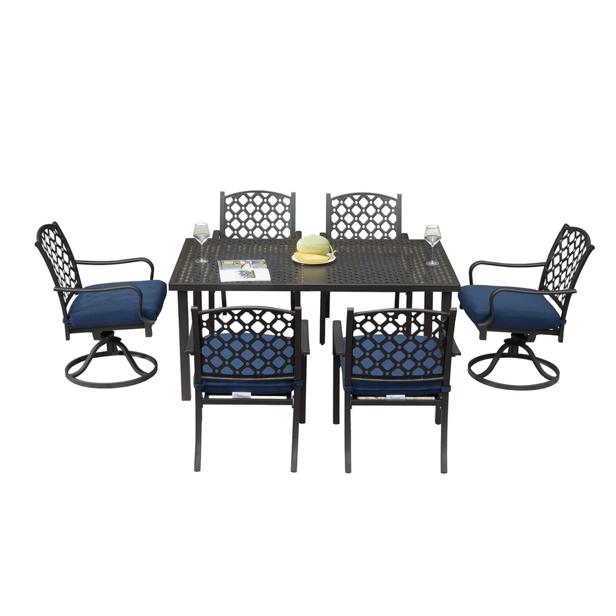 Outdoor 7 pcs Patio Dining Set, Metal Dining Table, Swivel and Dining Chairs Conversation Set with Removable Navy Blue C
