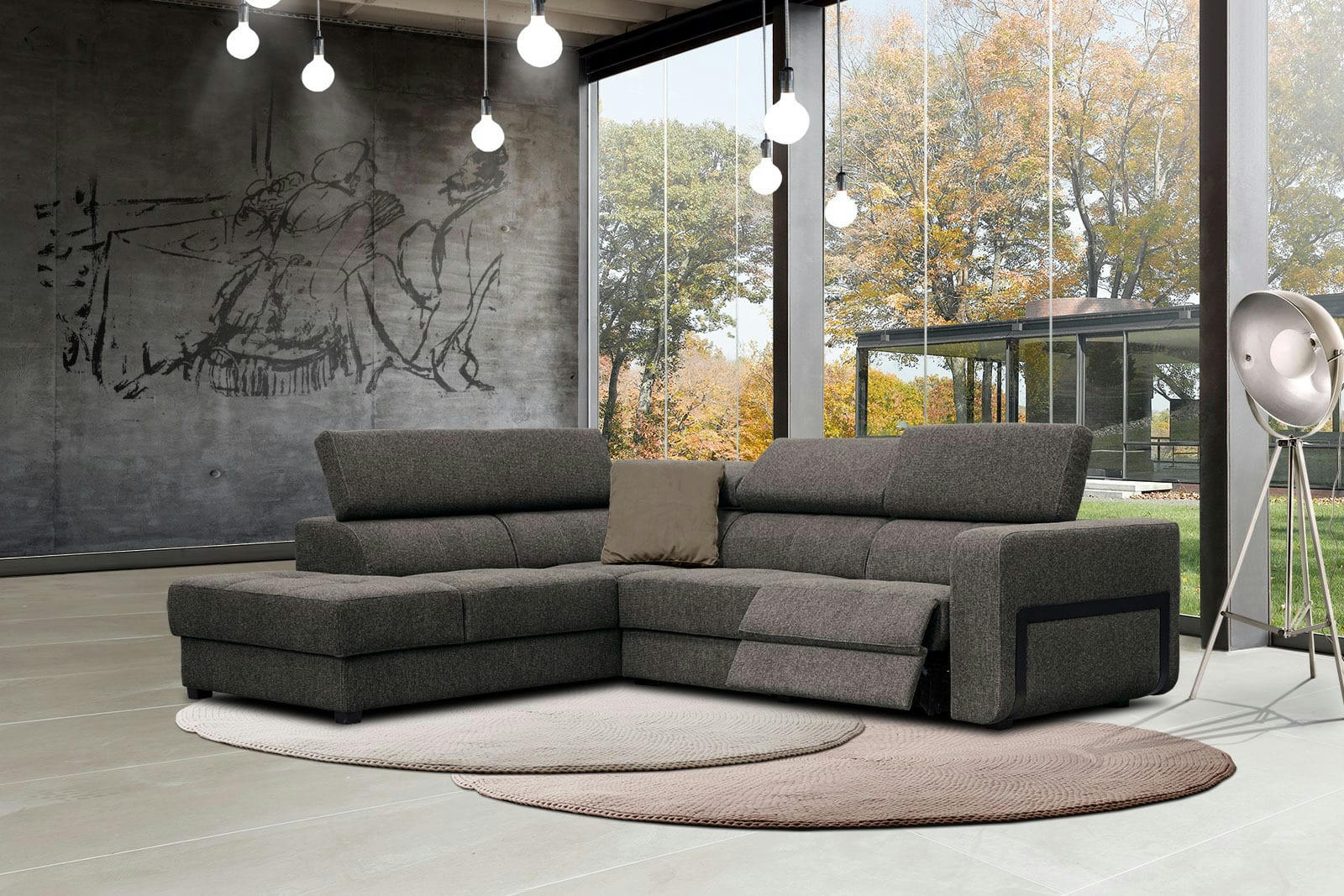 BERGO - Canapé d'angle gauche 5 places avec une relax électrique tissu marron