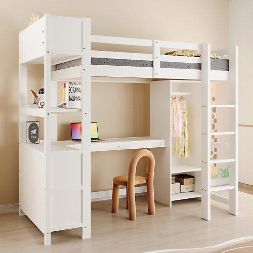 Lit mezzanine 90x200cm avec étagères - avec compartiments de rangement - bureau   armoire - blanc (matelas non inclus)