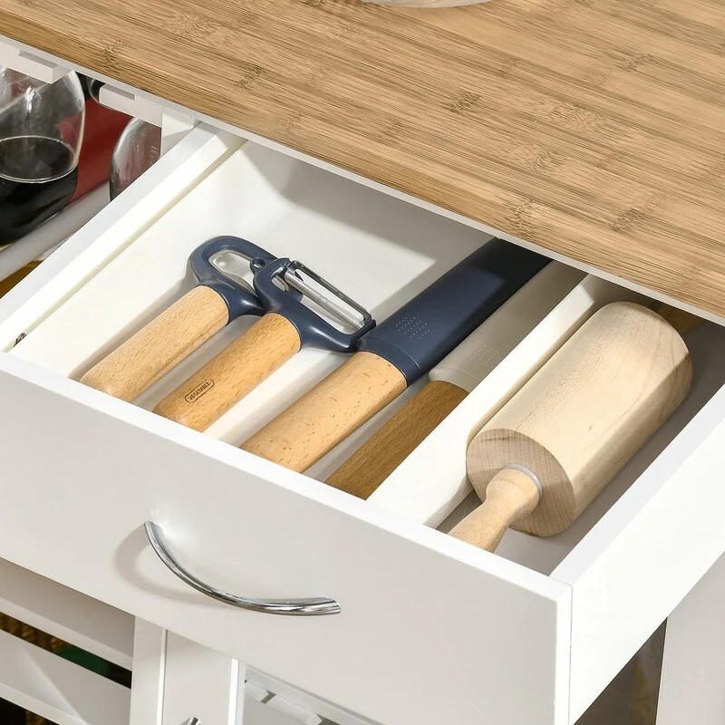 Rolling Kitchen Island with Storage, Kitchen Cart with 4-bottle Wine Rack, Stemware Holder, Shelves, Drawer and Cabinet