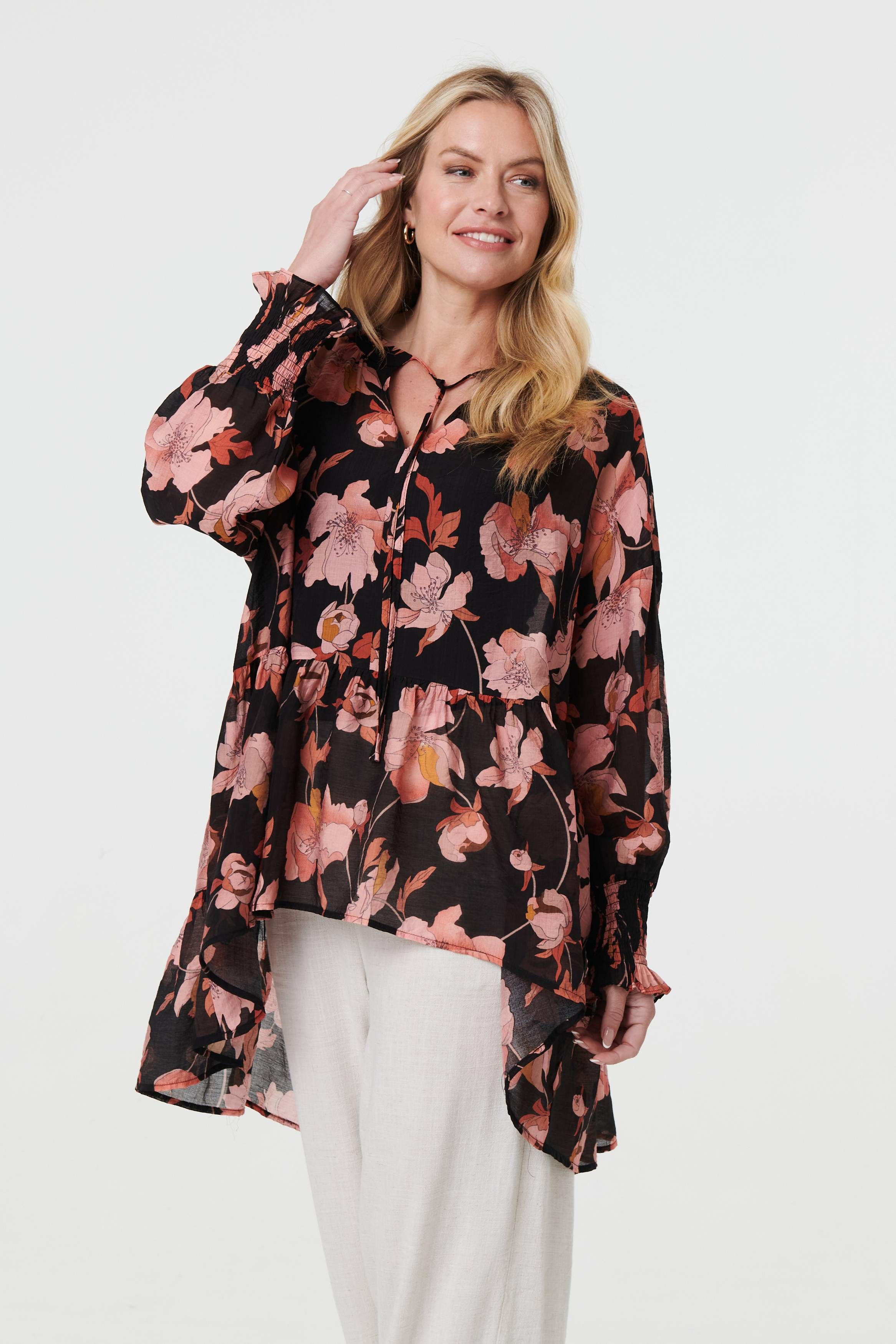 Izabel London Floral Long Sleeve Longline Tunic Blouse