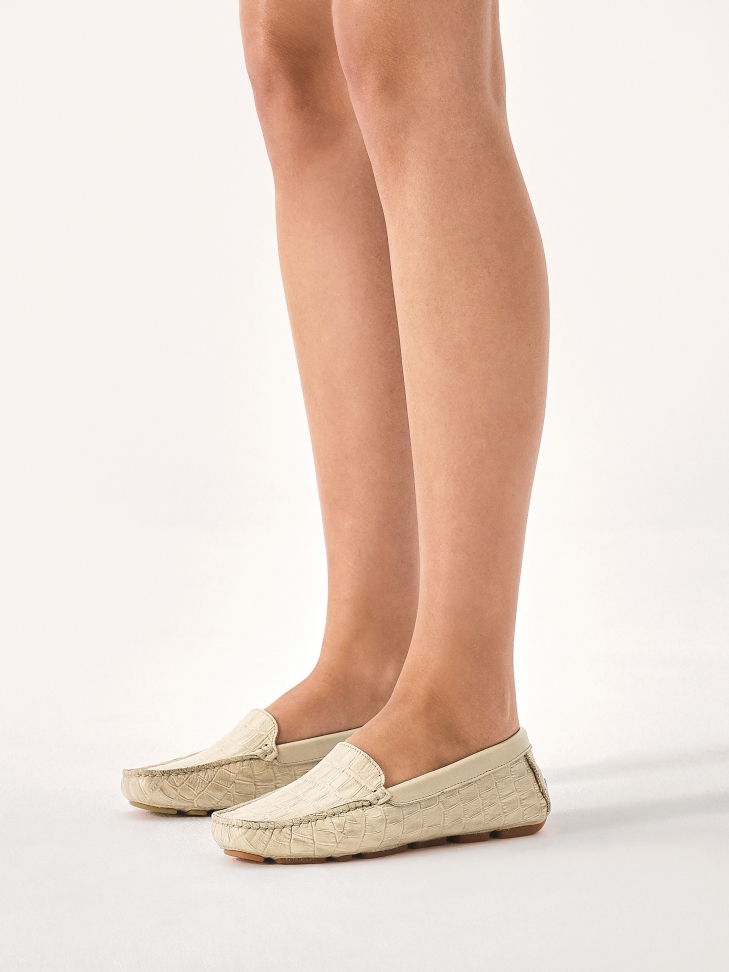 Beige embossed leather moccasins