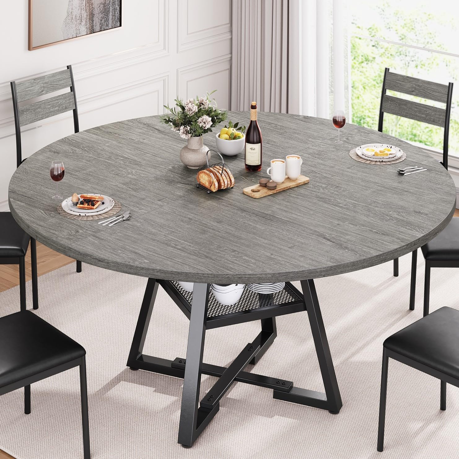 Jocoevol 51 Round Dining Table for 6,Kitchen Dining Room Circle Dinner Pedestal Table,Space Saving Wood Kitchen & Dining Room Furniture (Grey, 51In)