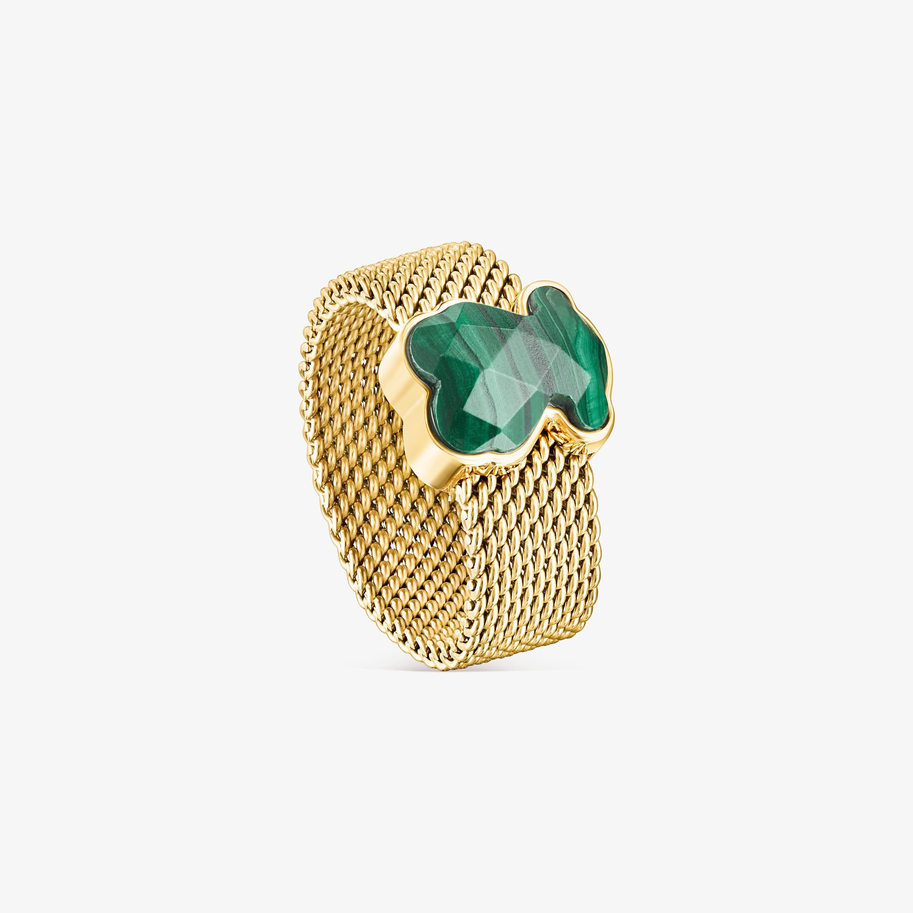 Anillo de acero IP dorado y malaquita facetada motivo oso Mesh Color