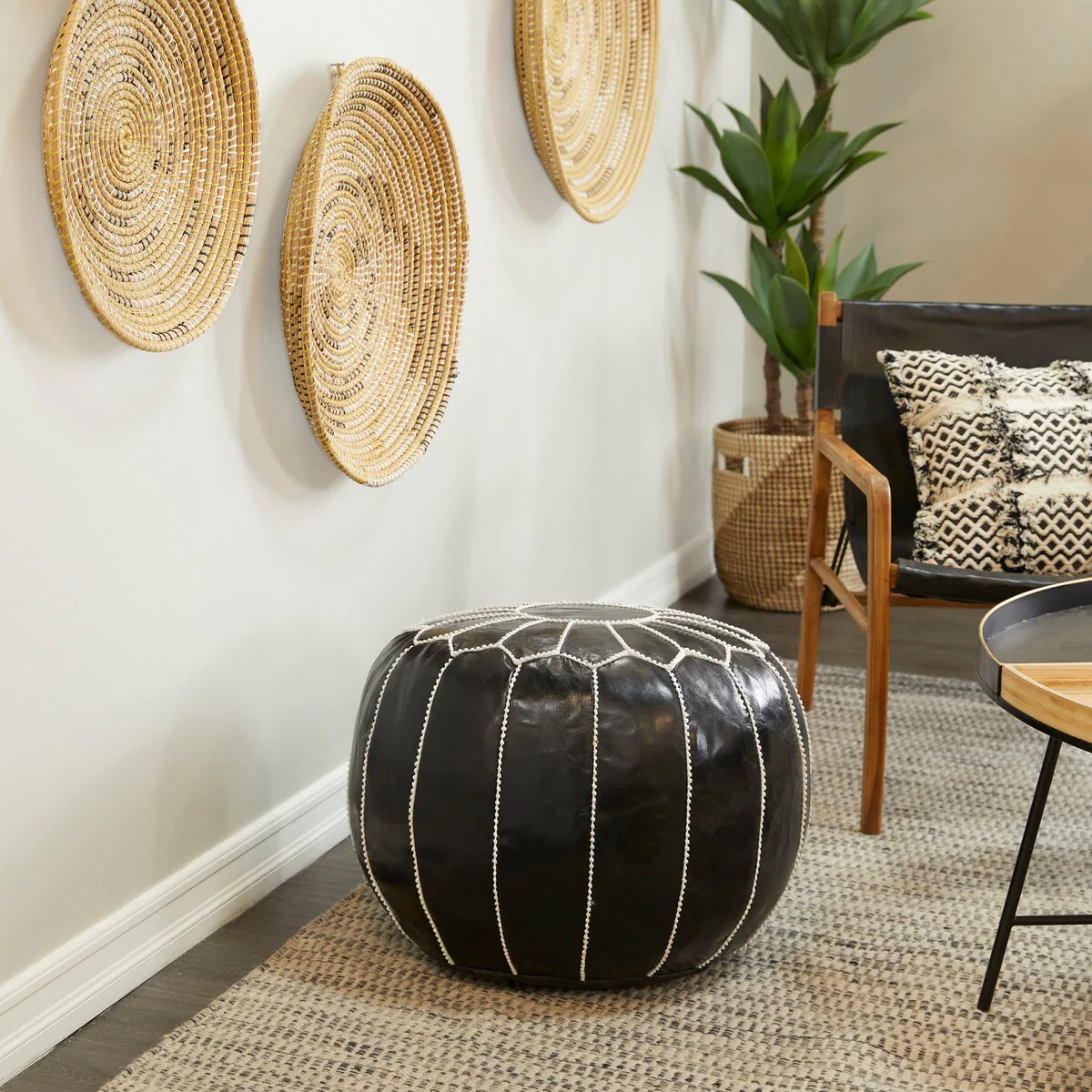 Leather Floral Moroccan Pouf with White Stitching - Black or Light Brown - Roche River Decor