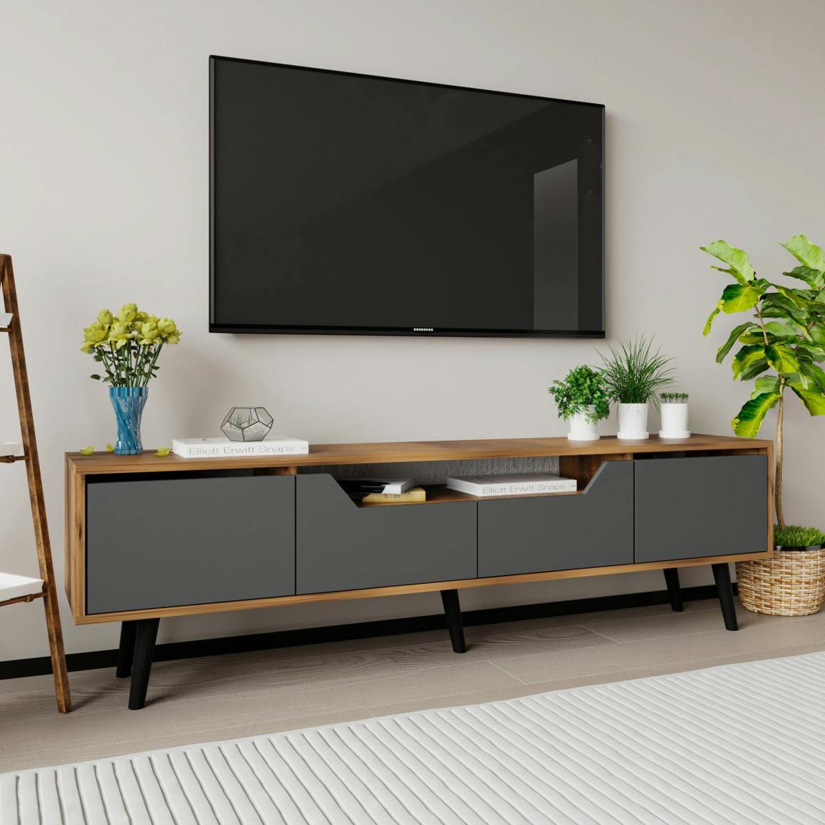Long meuble TV 4 portes grises et cadre effet noyer MARFA