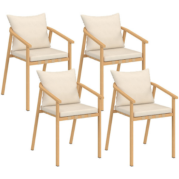 Lot de 4 chaises de jardin MALTA structure en métal effet bois, lanières et coussins beiges