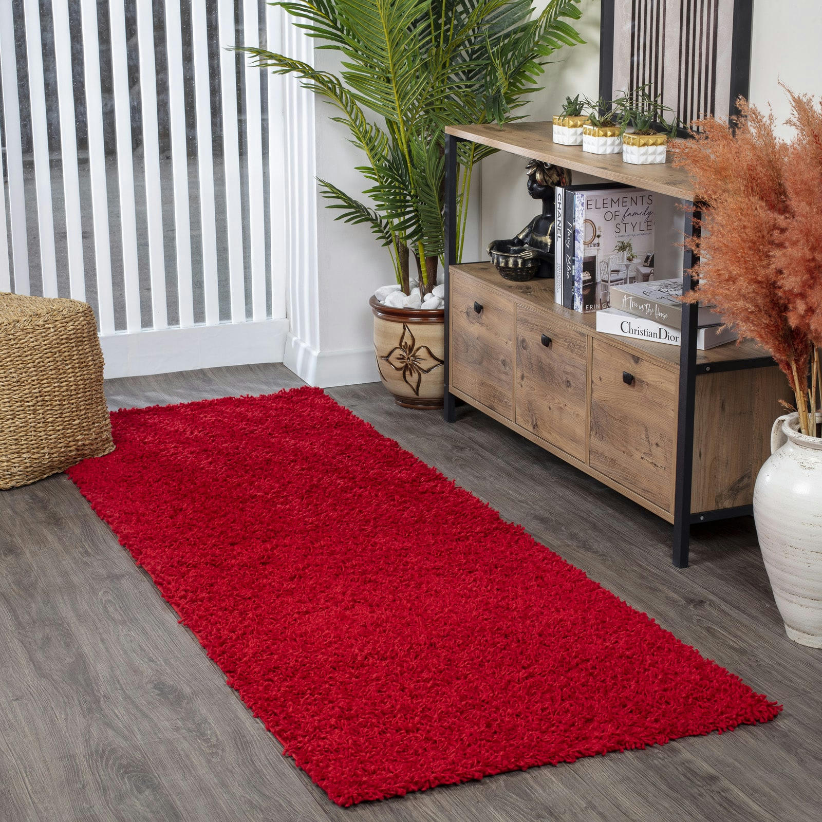 LILLY - Tapis de Couloir Shaggy Uni Chic Rouge 80x220