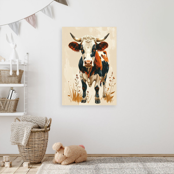 Obraz do pokoju dziecka nastolatka, Krowa zwierzę na beżowym tle 20x30