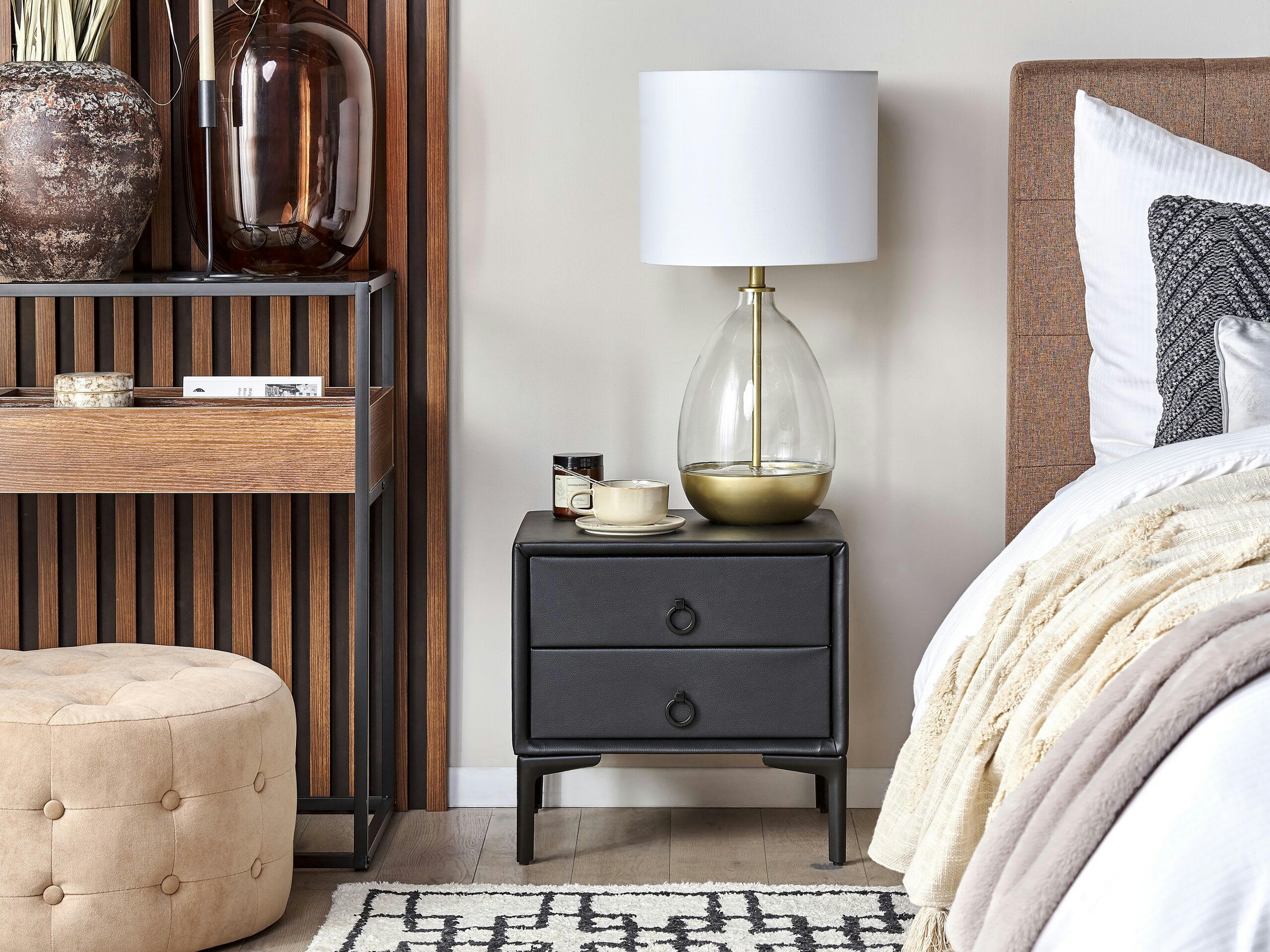 SEZANNE - Table de chevet en cuir PU noir 2 tiroirs