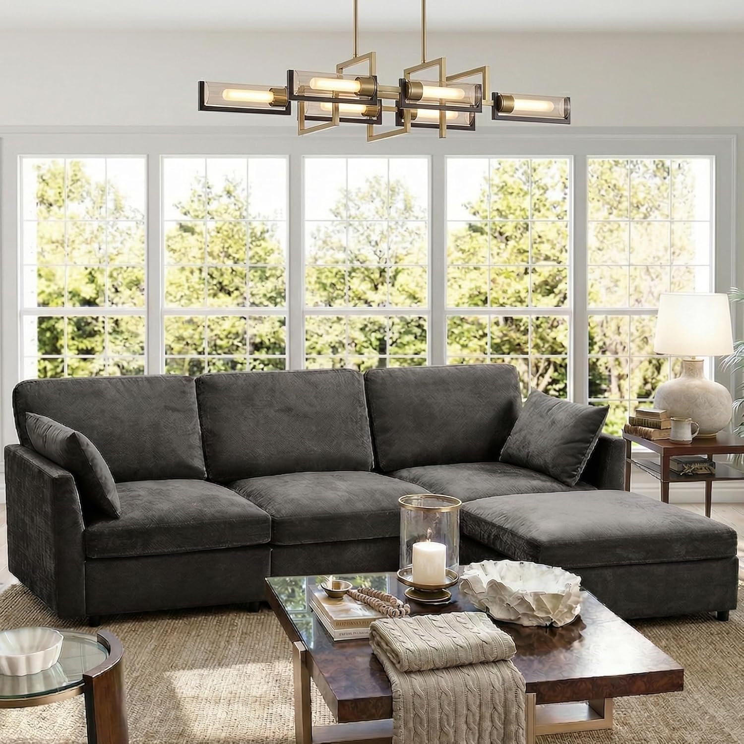 Iroomy Sectional Couch for Living Room, Comfy L Shaped Convertible Sofa, 4 Seater Modern Chenille Sofa with Ottoman,Black | Movable, Balanced Comfort, Soft-Strong Chenille