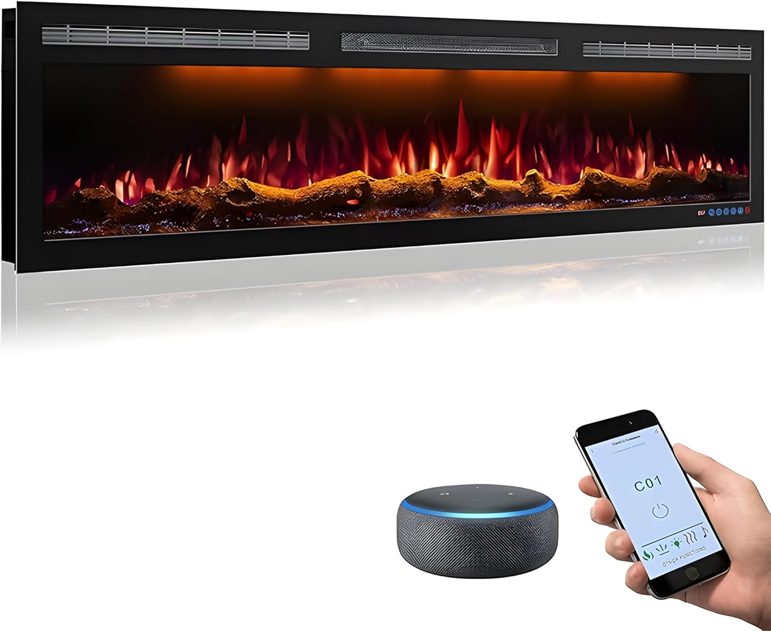 60 Inch WiFi Electric Fireplace Heater, Recessed or Wall Mounted, Ultra‑Slim 5.51 Deep, 750/1500W, 12 Flame Colors & 12 Ember Bed Colors,Remote & App Control, Works with Alexa & Google Home