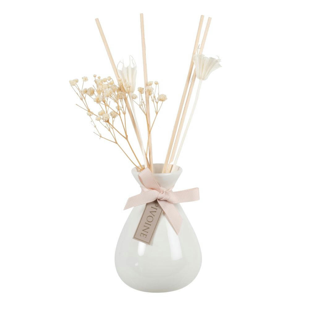 - Diffuseur en verre blanc, beige, doré et bleu parfum pivoine 100ML