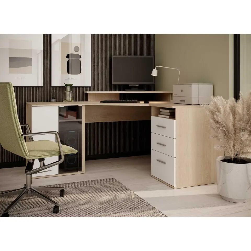 Hoekbureau Efford met opbergruimte - eik/wit