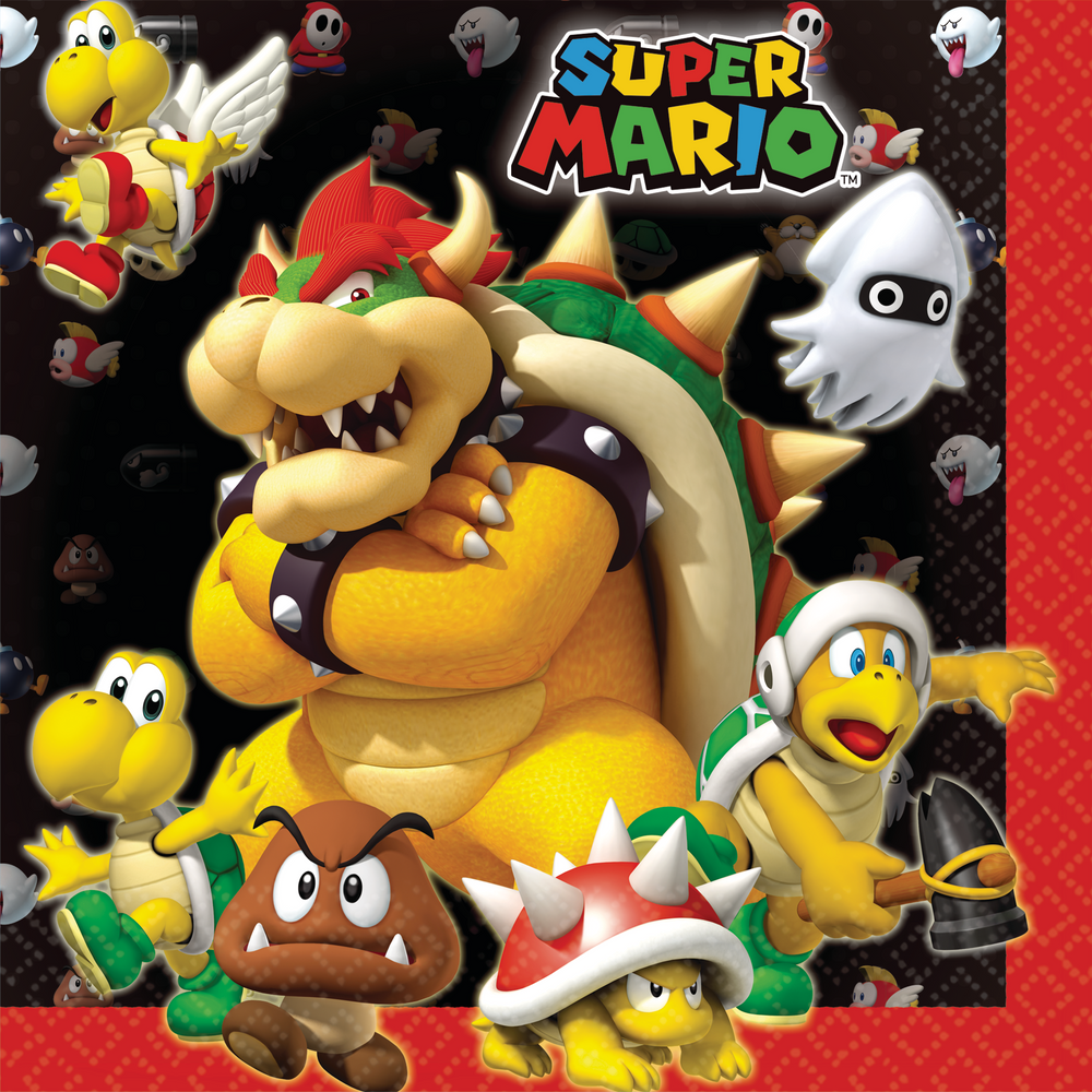 Nintendo Super Mario Bros Square Paper Disposable Lunch Napkins, Red/Yellow, 6.5-in, 16-pk, 2-ply, for Birthday Party