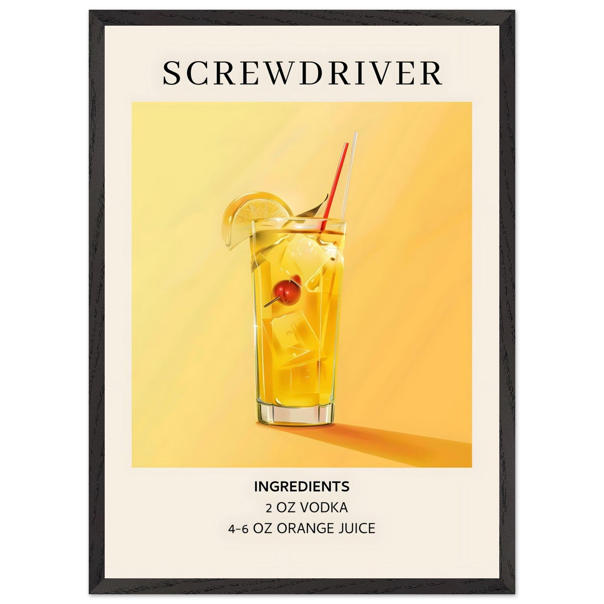 Artfulprints Poster met Lijst Screwdriver cocktail - Ingrediënten  - 50x70 cm - Geel