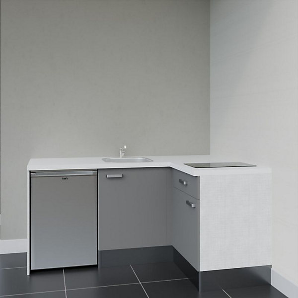Kitchenette KA01 façades Gris - Plan de travail Blanc - Crédences : Non - Evier inox - Electroménager Inox inclus