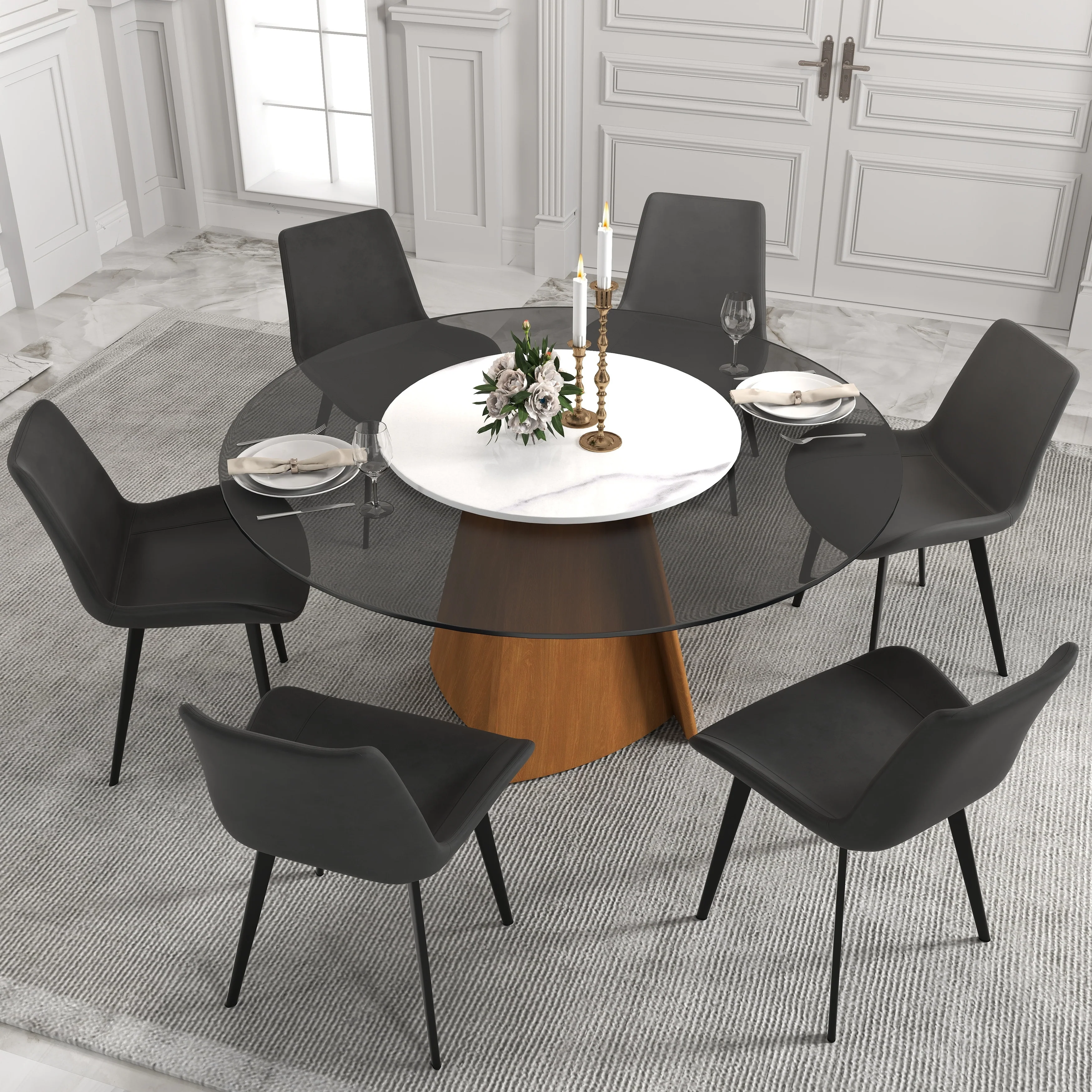 59 Kitchen Table Modern Dining Glass Round Table with Susan with Wood Legs