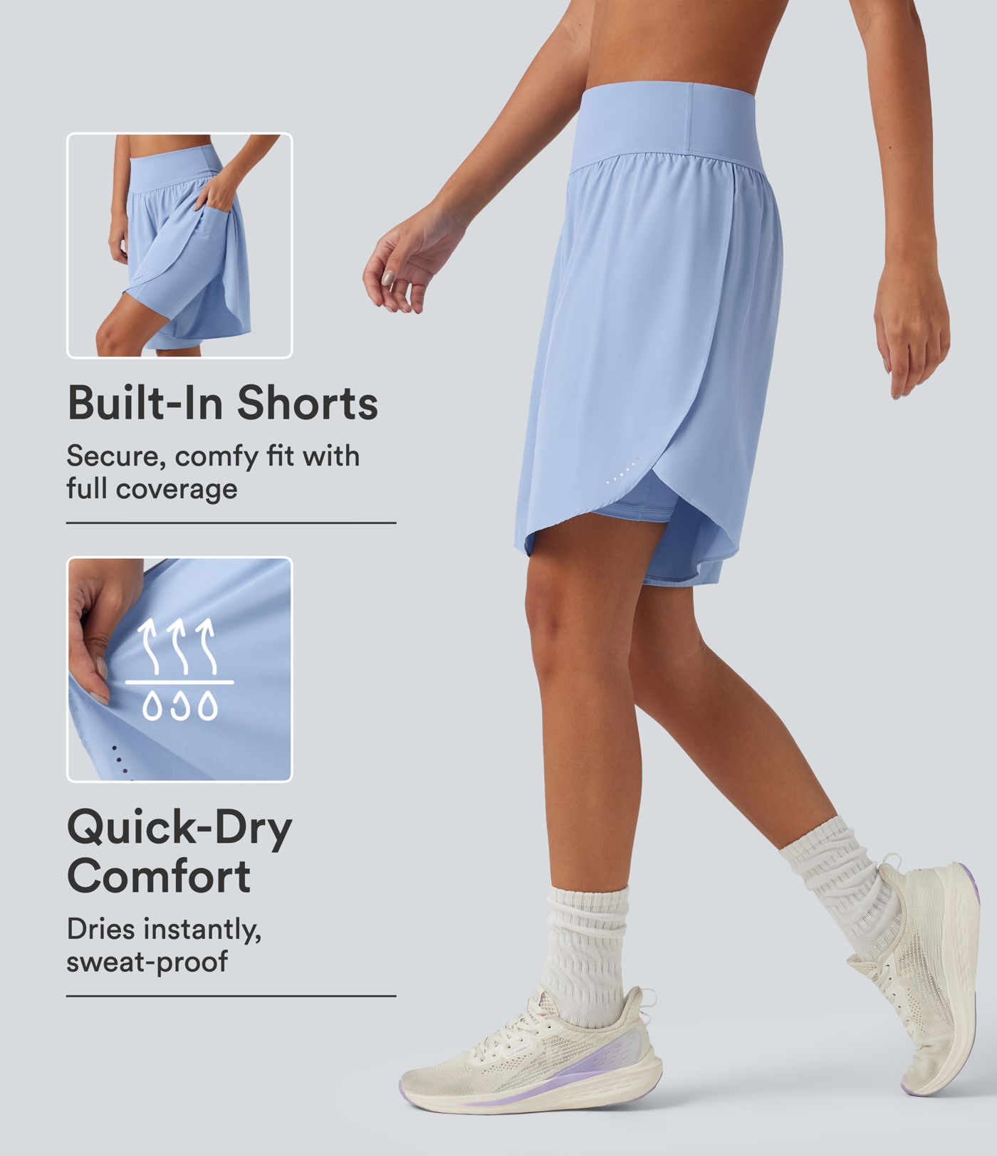 Short de course 2 en 1 SoftlyZero™ QuickDry taille haute, effet ventre plat, pois réfléchissants, ourlet croisé, 23 cm, avec poches