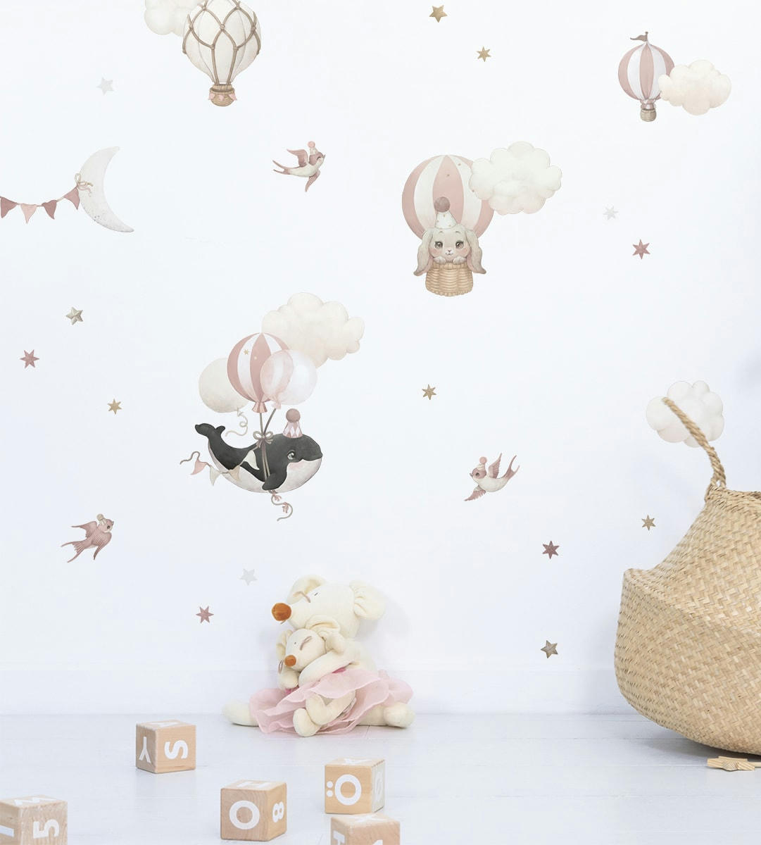 SELENE - Stickers muraux animaux et ballons en vinyle mat rose