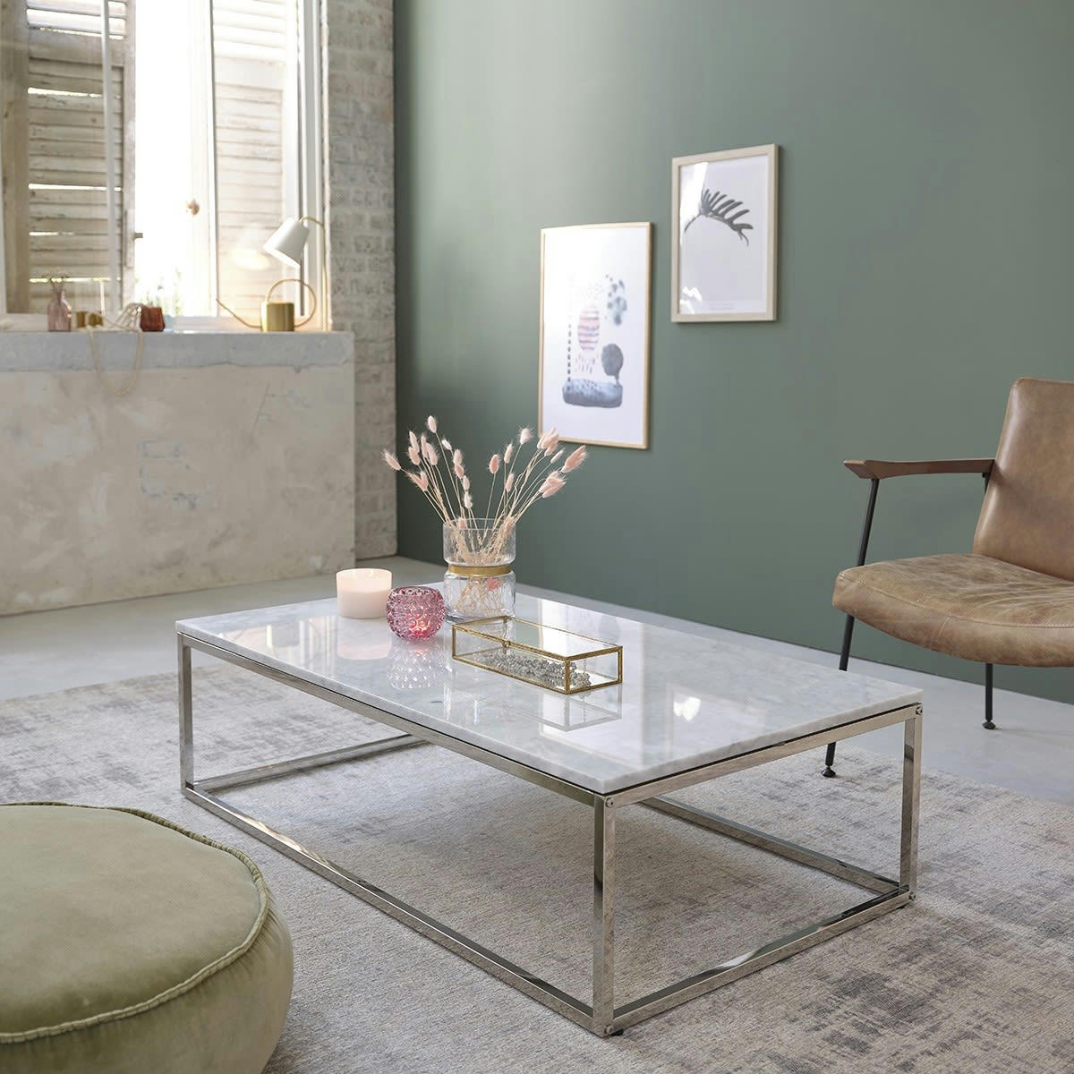 - Table basse rectangulaire en marbre et métal blanche