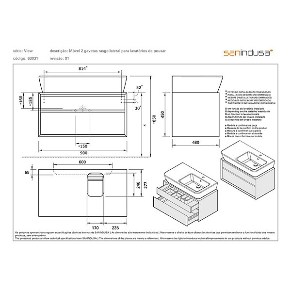Meuble de salle de bains suspendu 2 tiroirs slow close organiseurs SANINDUSA View 90x45 trou pour vidage à droite blanc