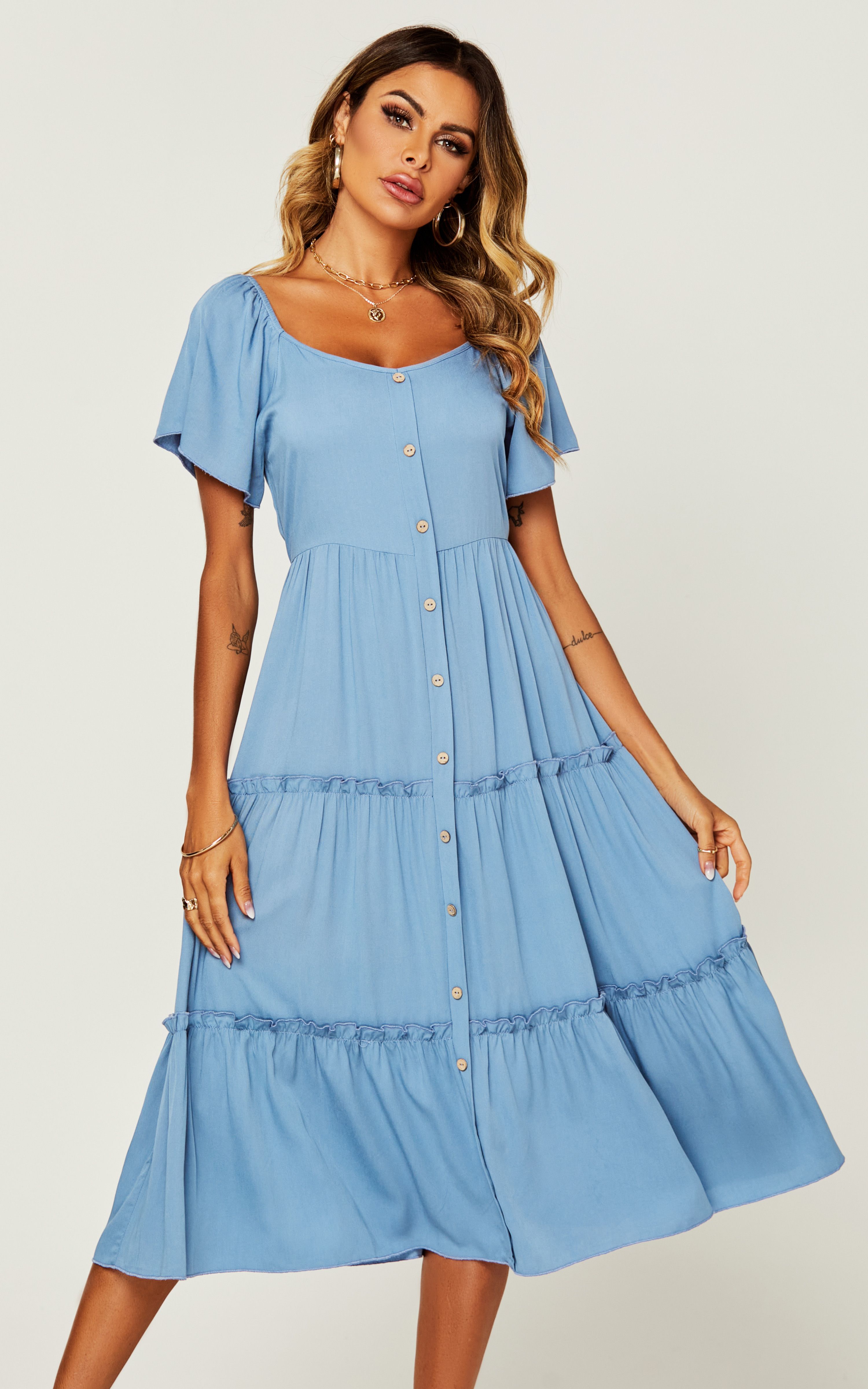 FS Collection Button Down Angel Sleeve Frill Detail Tiered Dress In Blue