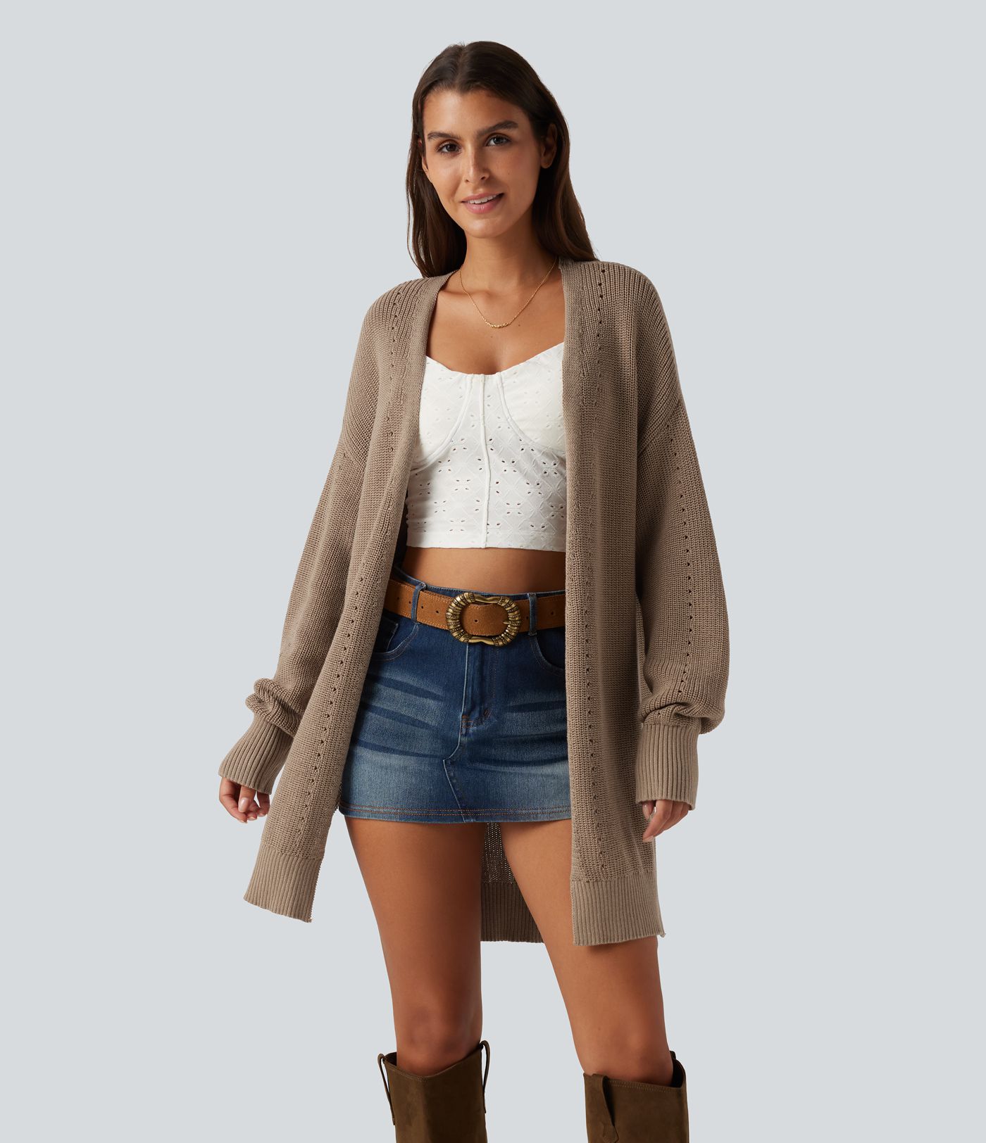 Cardigan long à encolure en V, ouvert devant et à manches longues