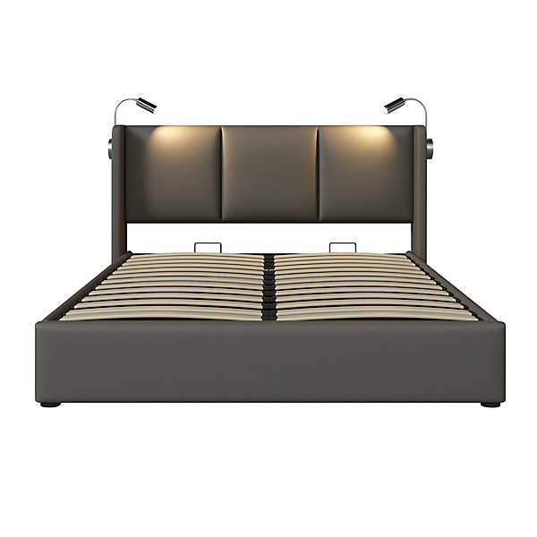 lit rembourré 160x200cm lit de rangement lit lampe de lecture lit tête de lit avec fonction de chargement usb lit double pu gris