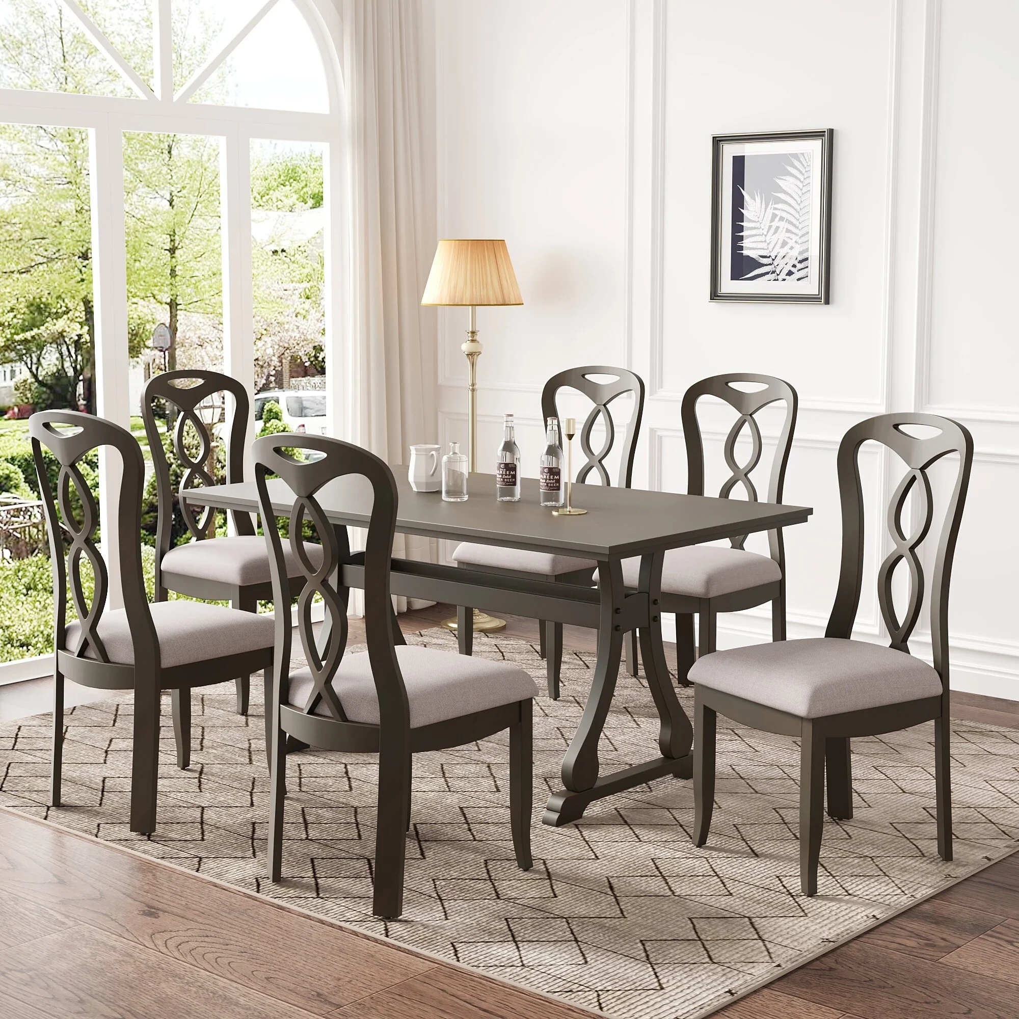 Vintage Style 7-Piece Dining Set with Rectangular Table and Upholstered Dining Chairs