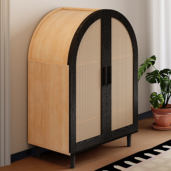 Meuble à chaussures 100 cm portes en rotin ajouré, 2 portes, 3 étagères réglables, métal noir bois naturel