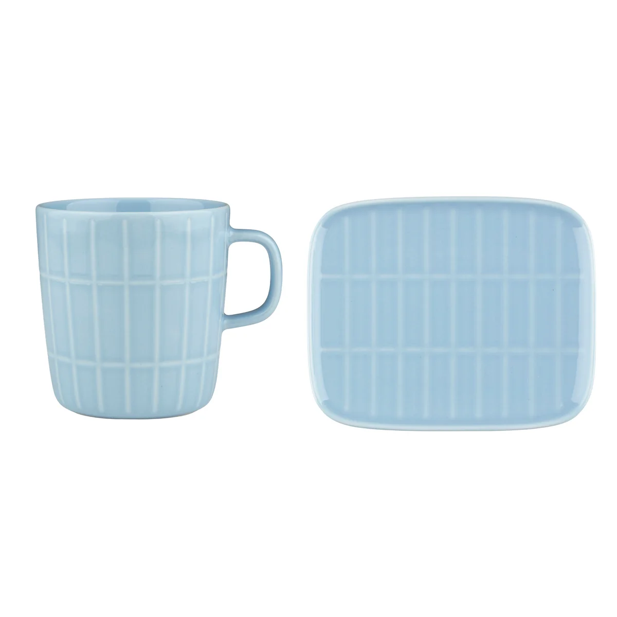 Marimekko - Tiiliskivi Becher mit Henkel & Servierplatte, 400 ml & 15 x 12 cm, hellblau (2er-Set)