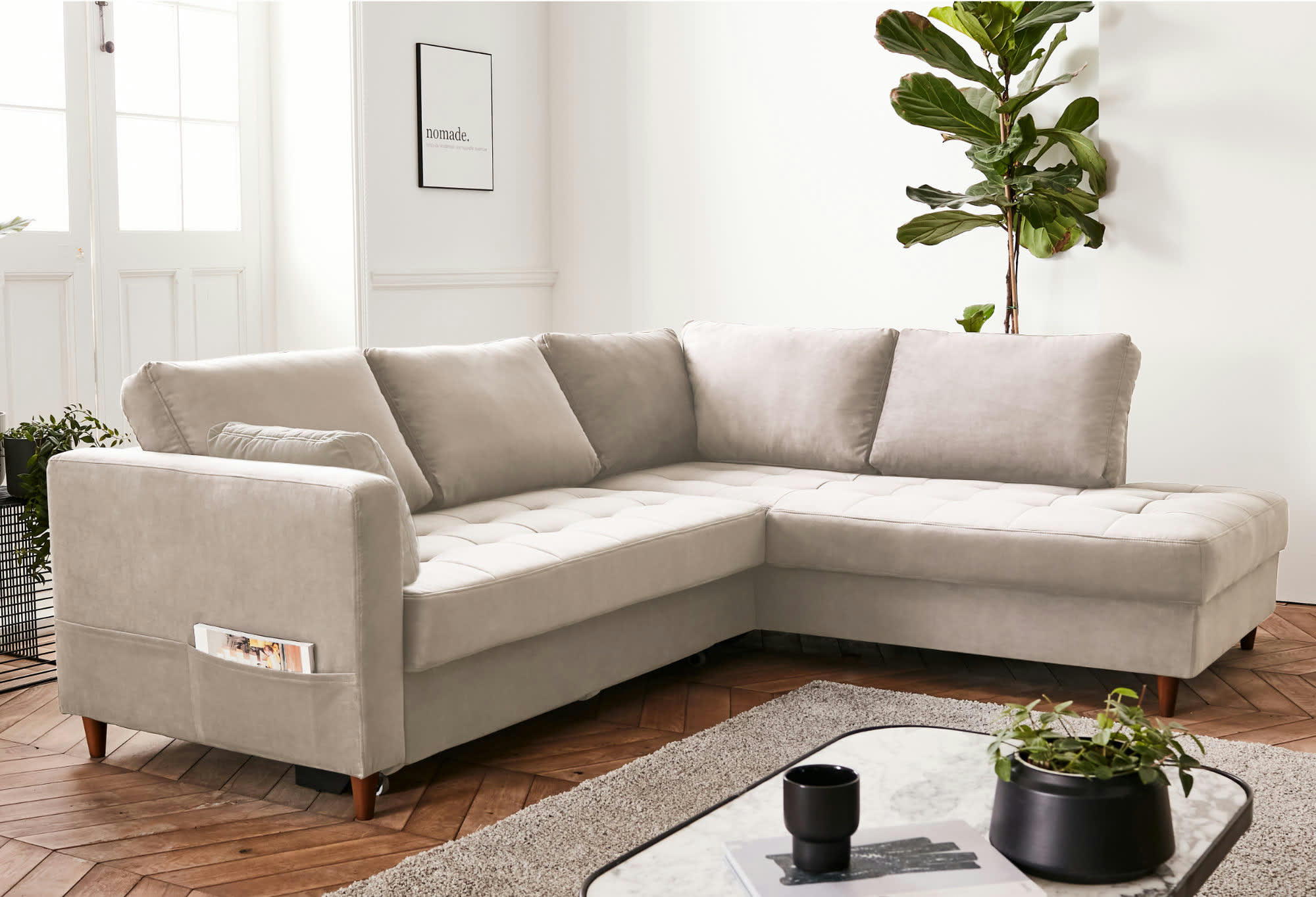 ANNA - Canapé d'angle droit convertible 5 places en velours beige