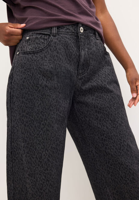 Womens Grey Leopard Print Barrel Jeans