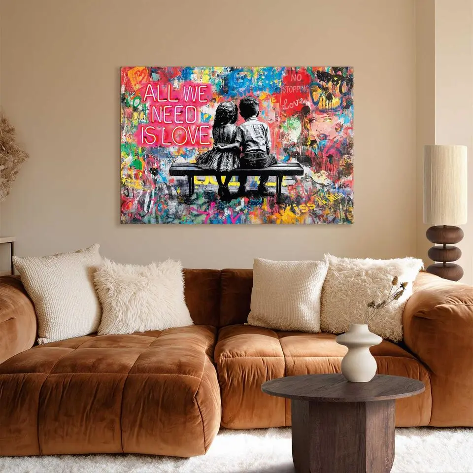 Glasschilderij Street art all you need is love - 78 x 116 - Bont