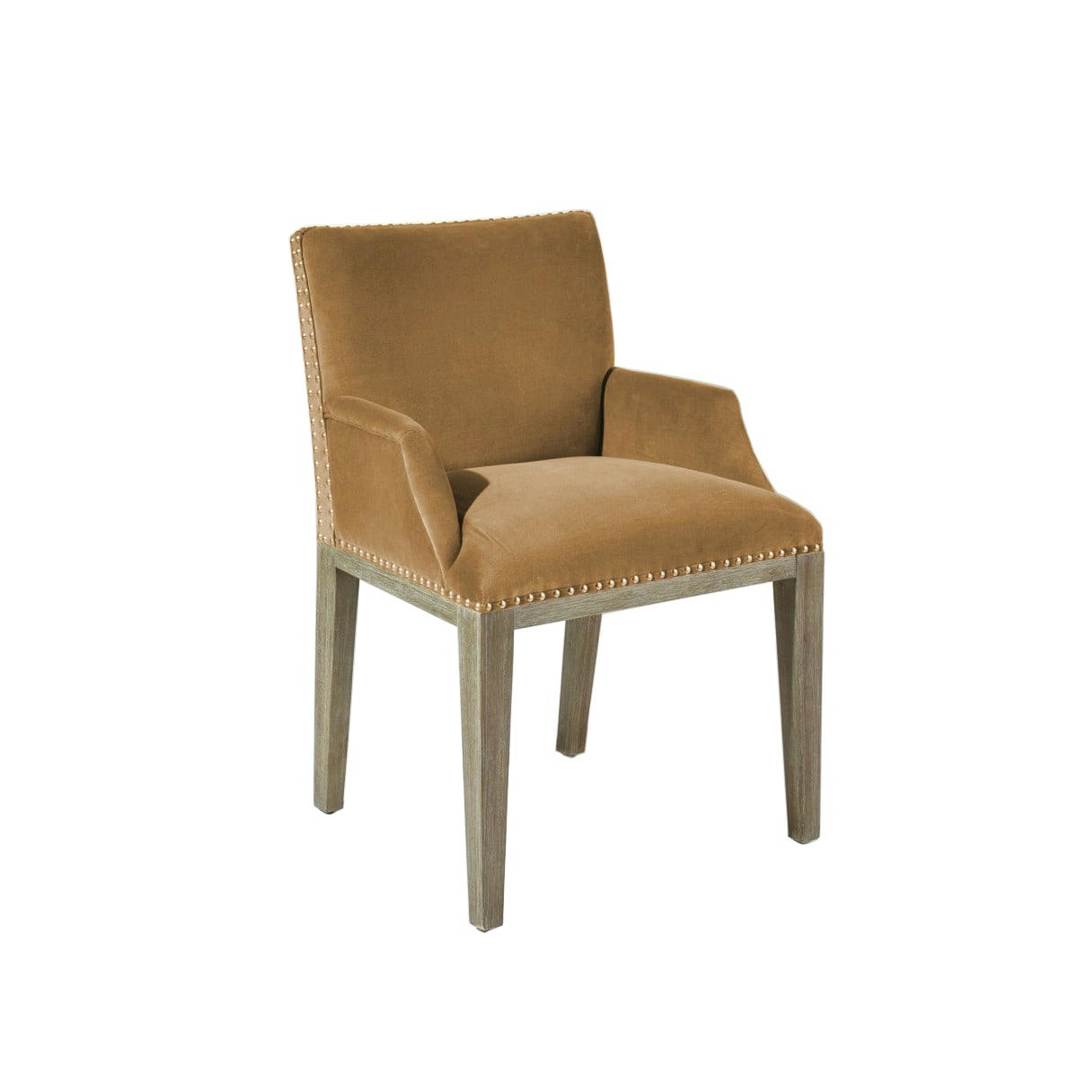 FORGE - KENZA - Fauteuil de table en velours et en bois clouté caramel