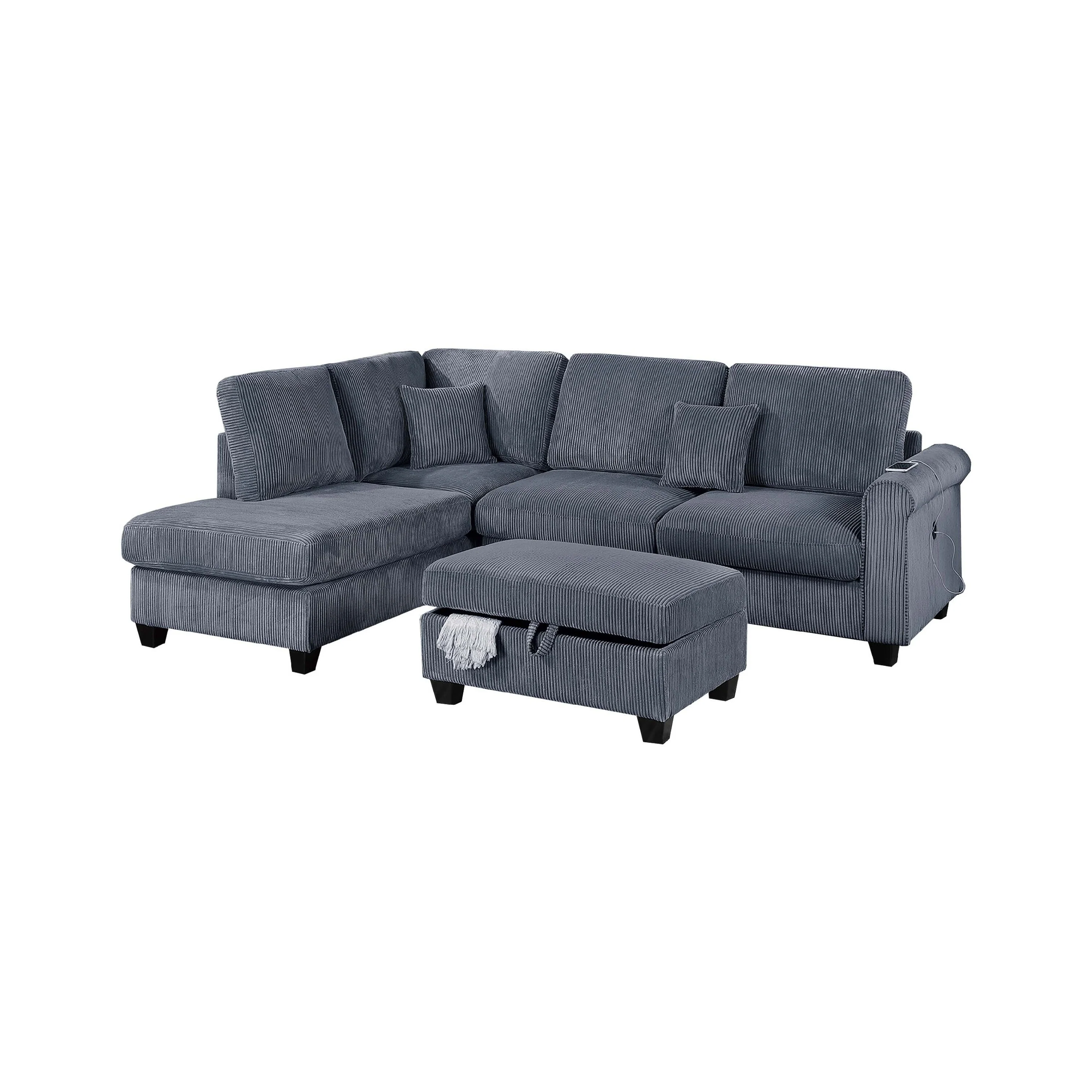 Roe 3pc Sectional Sofa Set with Chaise, Ottoman, 2 Pillows, Dark Gray