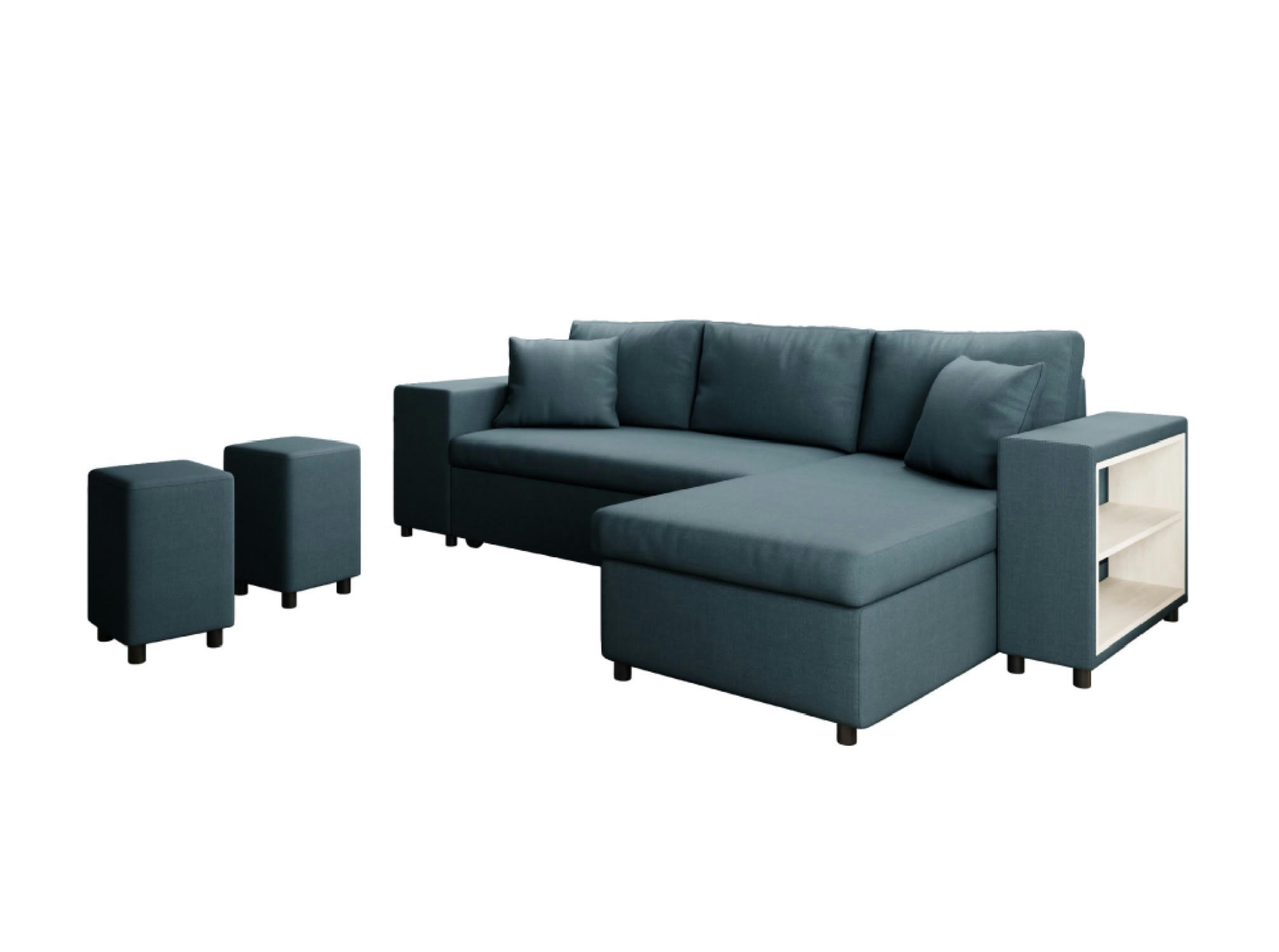 MADY - Canapé d'angle convertible bleu avec rangement poufs à gauche