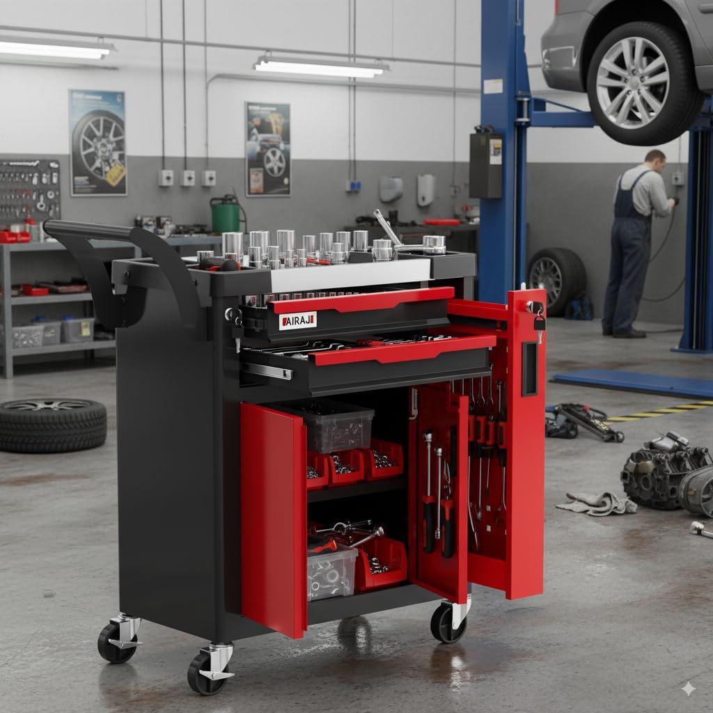 Tool Chest 2-Drawer | Rolling Tool Chest with Wheels/Side Drawer | Drawers Integrated Lockable | Tool Cart/Cabinet with Drawers for Garage Storage,Workshop | Safety Rounded Corner Anti-collision | Red