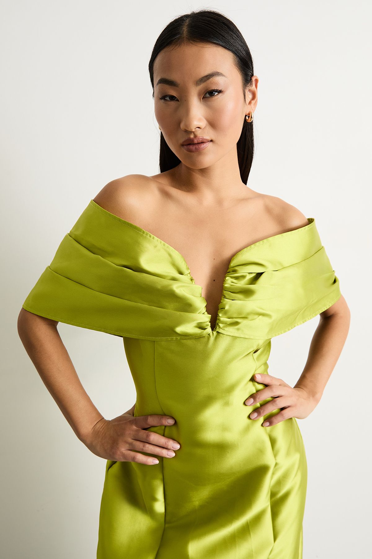Warehouse Petite Satin Twill Notch Front Bardot Midi Dress