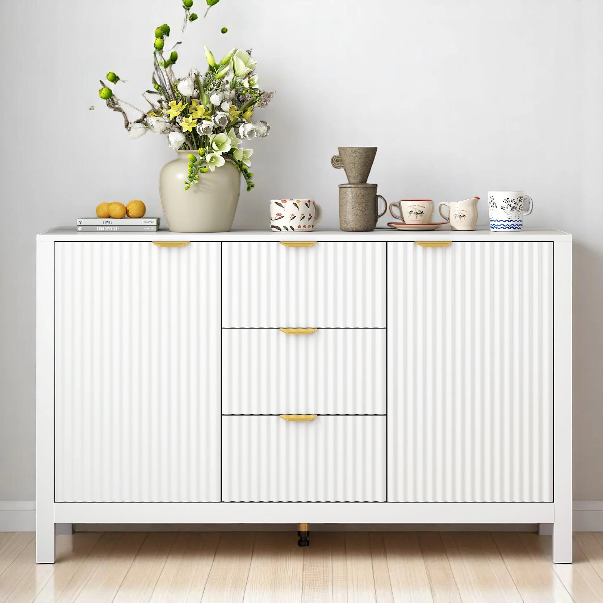 Console Cabinet with Wave-Pattern Drawers and Adjustable Shelves, MDF Storage Sideboard with Handles,47 Storage Console