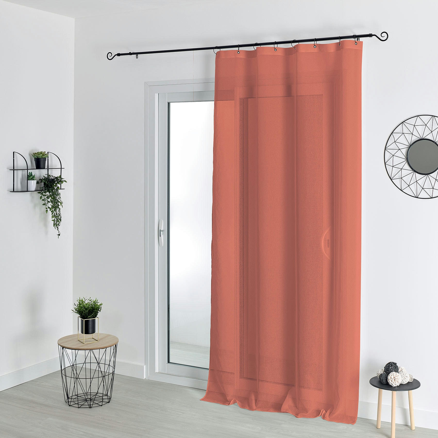 - Voilage à anneaux noirs amovibles polyester terracotta 140x240 cm