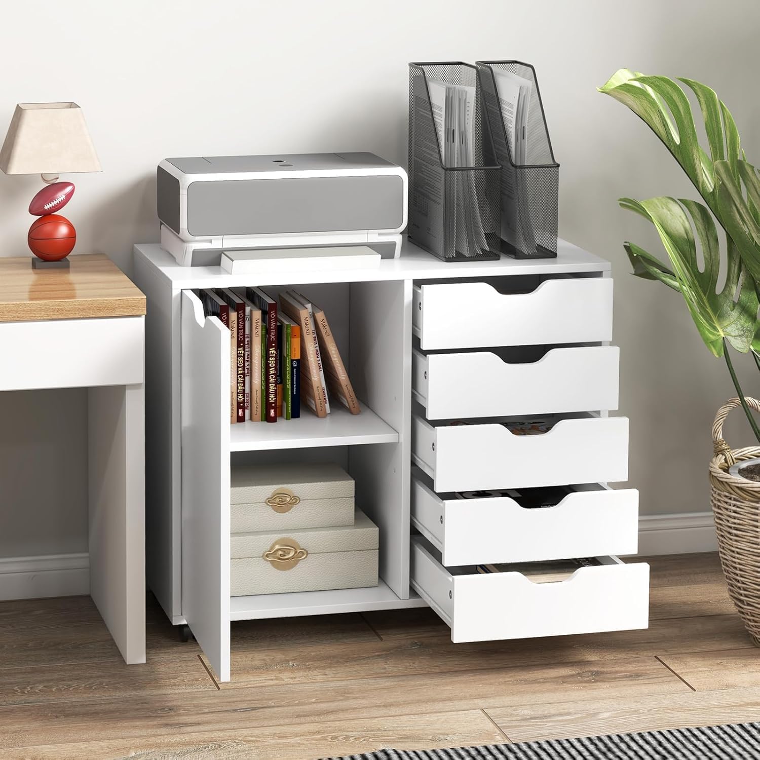 5-Drawer Wood Drawer Cabinet, Office Storage Cabinet with Adjustable Shelf & Wheels, Printer Stand for Home Office, White, 15.7 D x 30.7 W x 25.4 H