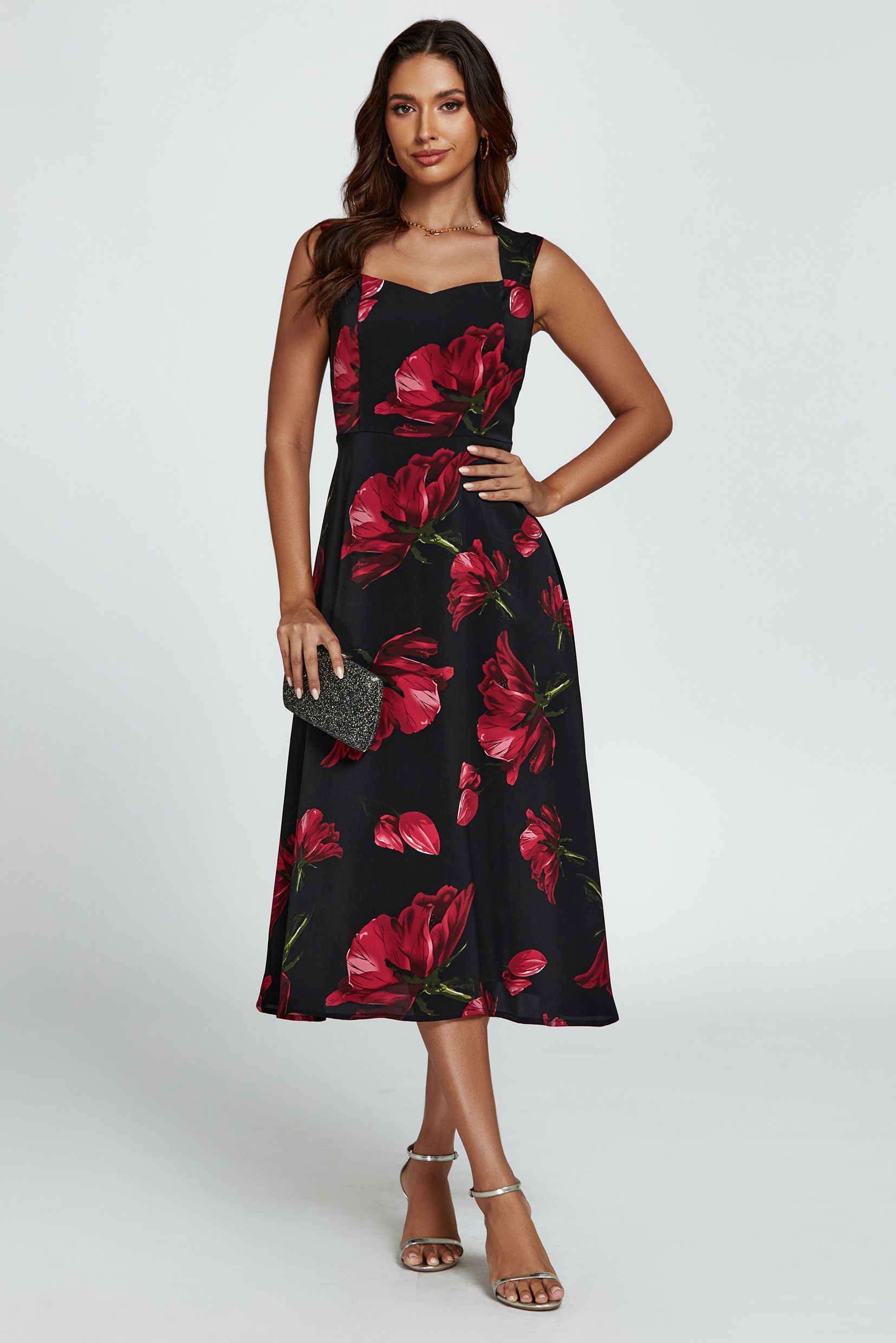 FS Collection Floral Print Heart Neck Midi Dress In Black
